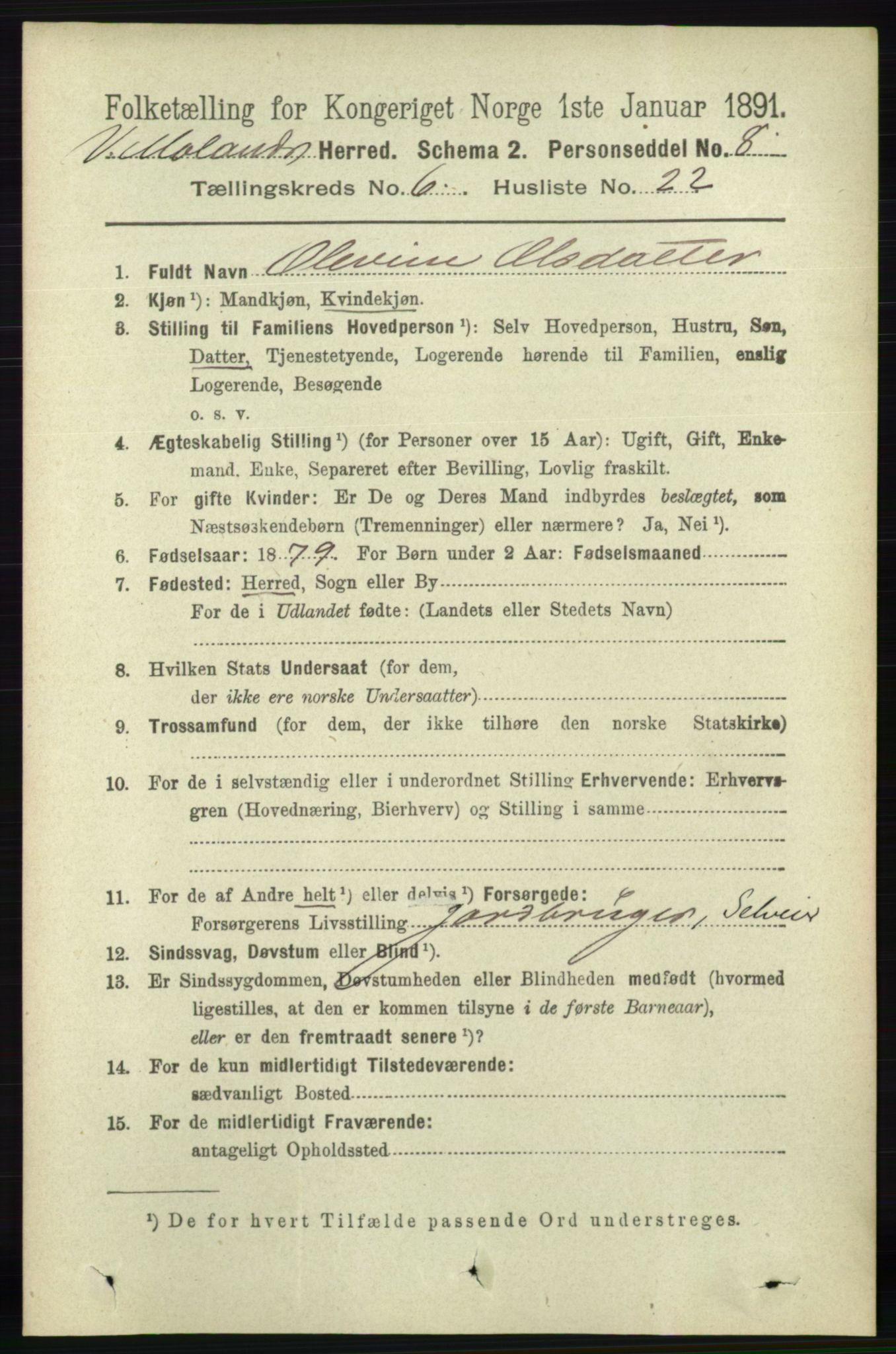 RA, 1891 census for 0926 Vestre Moland, 1891, p. 2453
