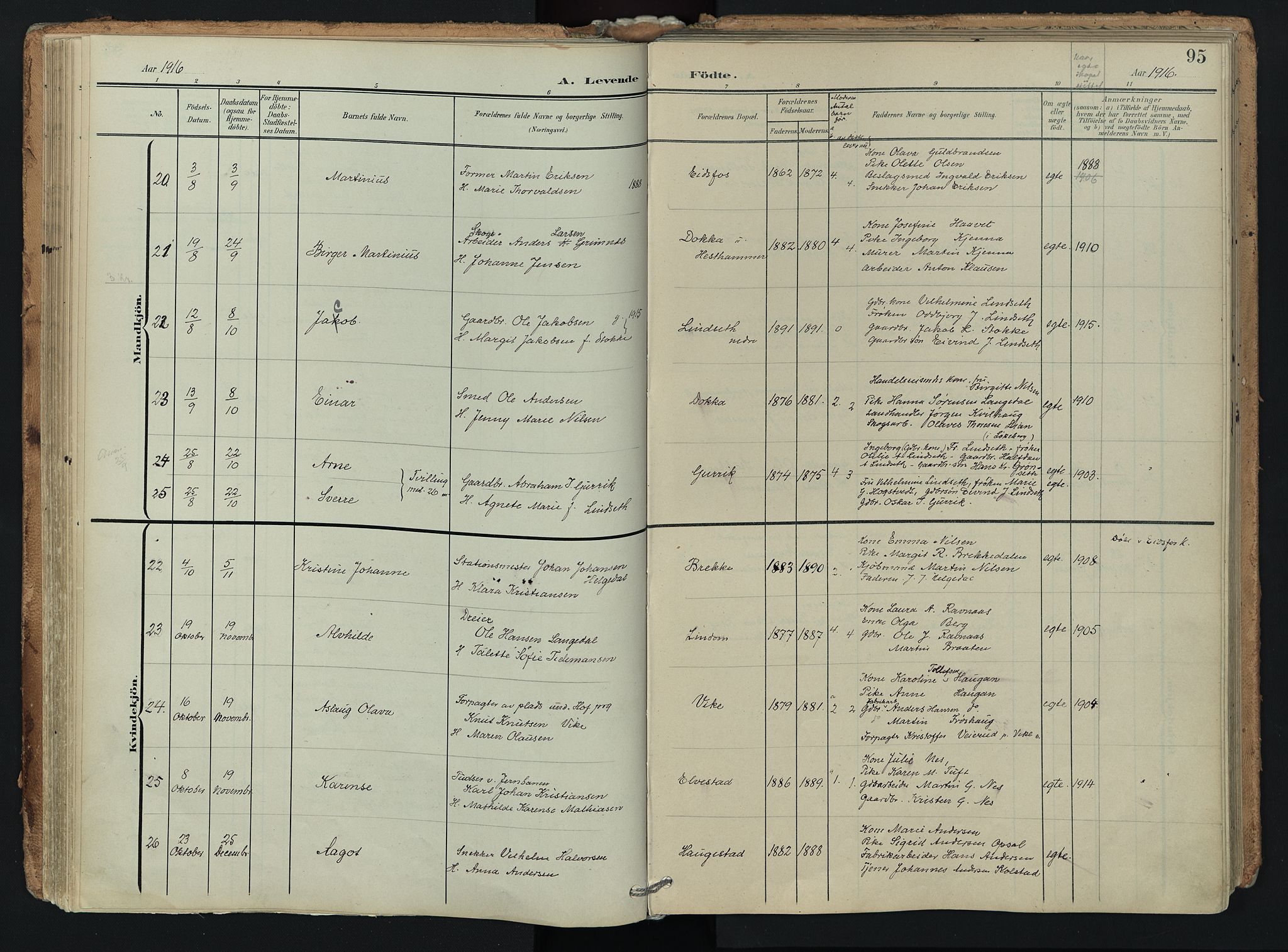 Hof kirkebøker, AV/SAKO-A-64/F/Fa/L0008: Parish register (official) no. I 8, 1902-1921, p. 95