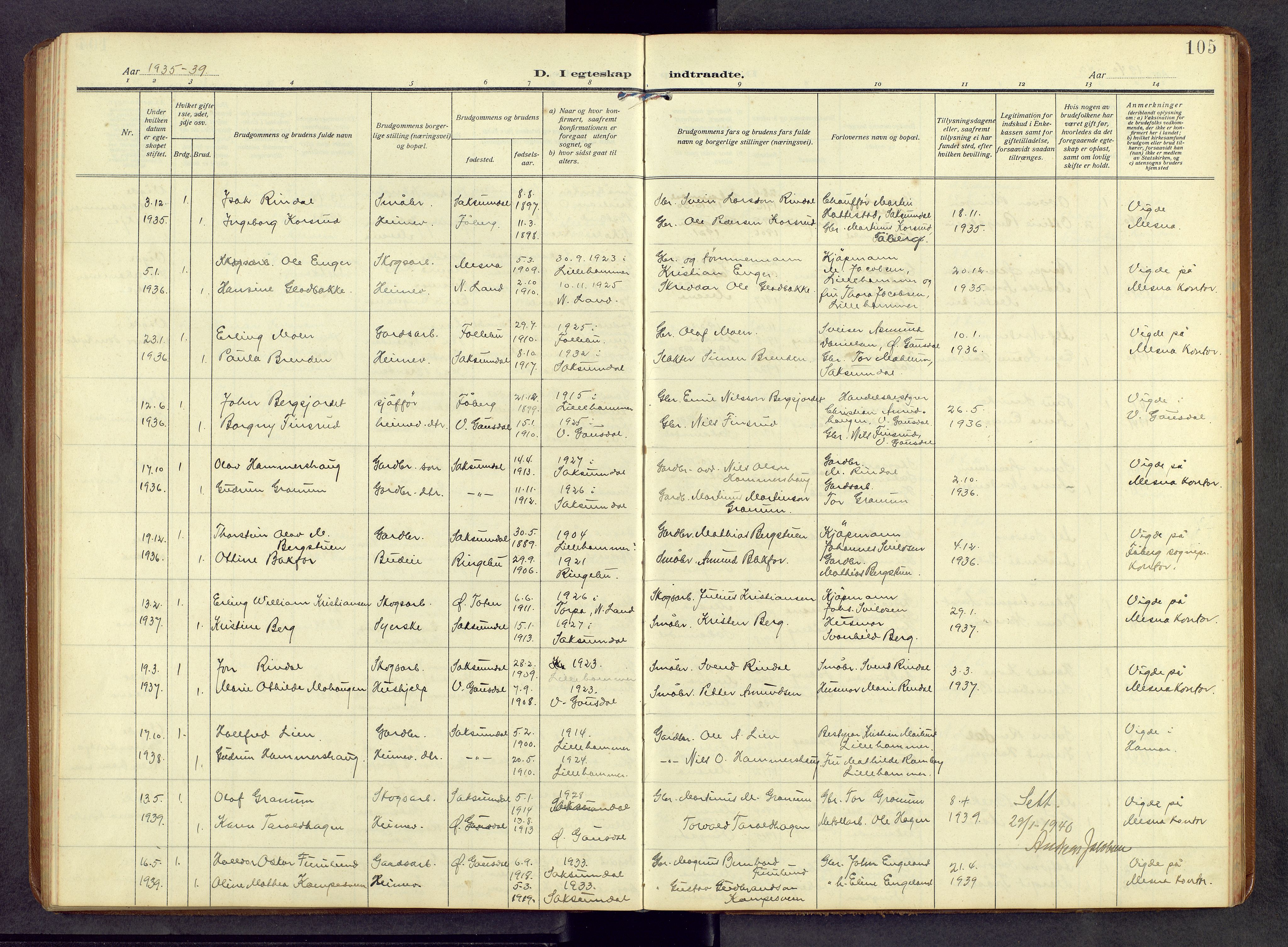 Fåberg prestekontor, SAH/PREST-086/H/Ha/Hab/L0013: Parish register (copy) no. 13, 1909-1971, p. 105