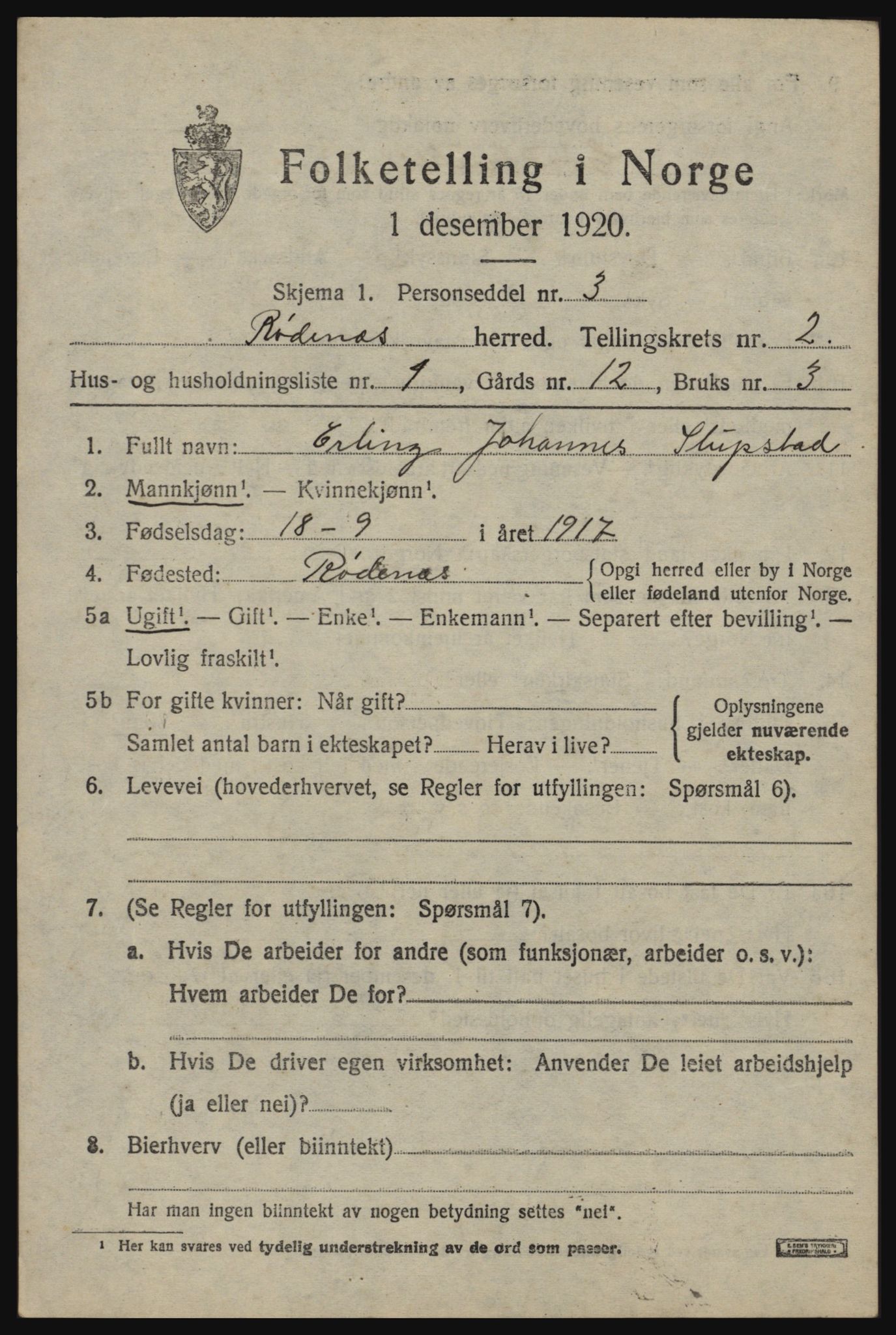 SAO, 1920 census for Rødenes, 1920, p. 1100