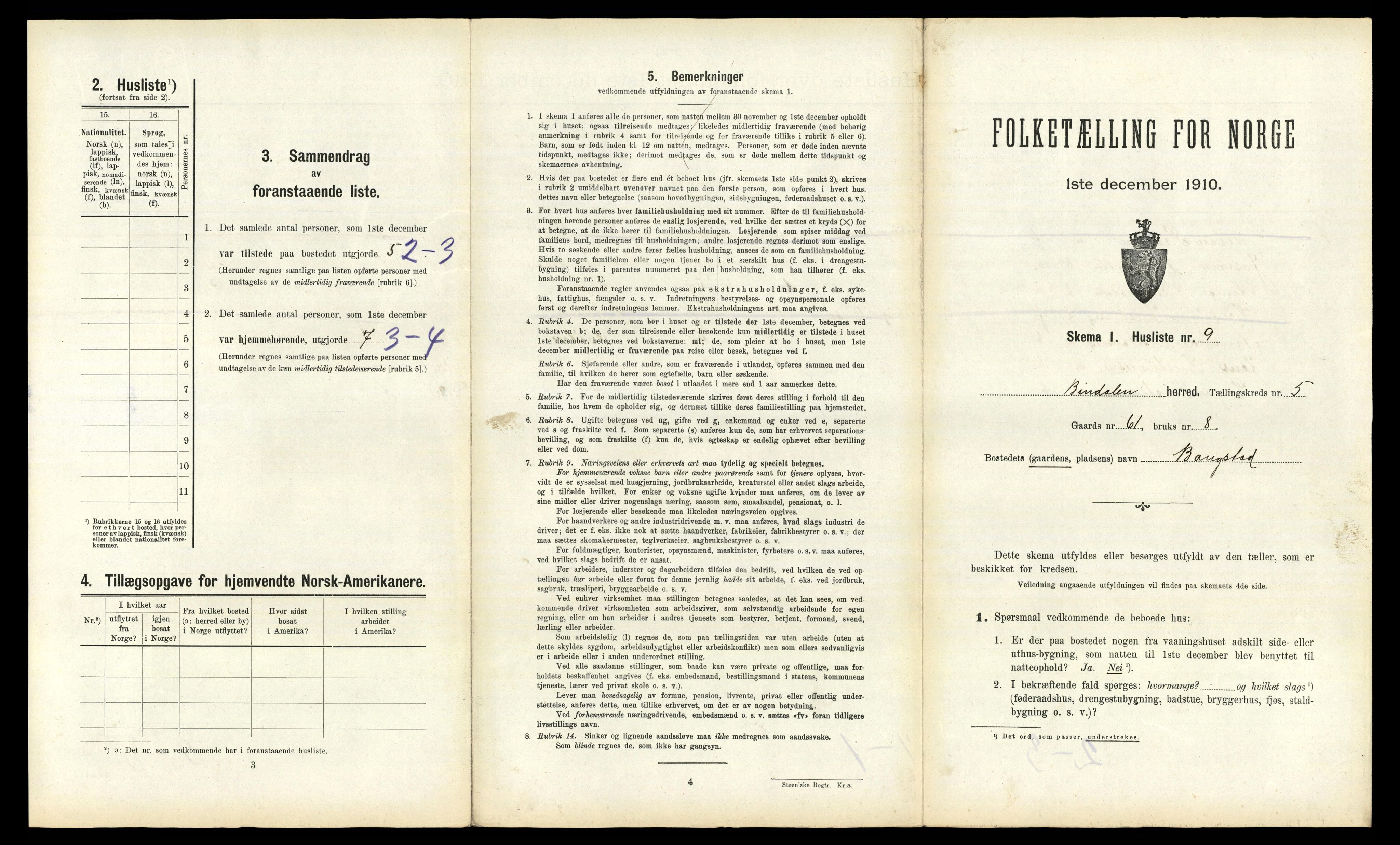 RA, 1910 census for Bindal, 1910, p. 442