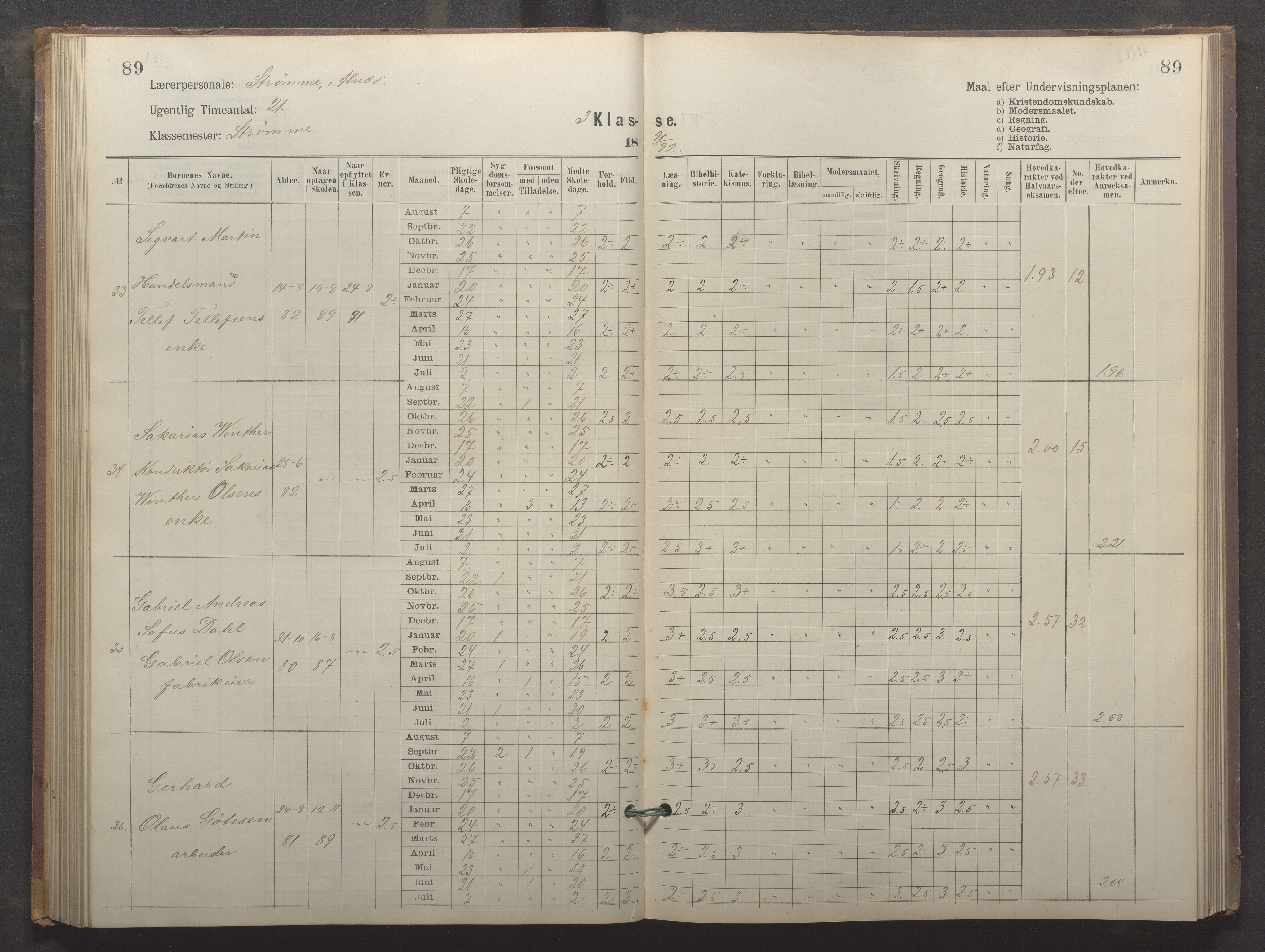 Egersund kommune (Ladested) - Egersund almueskole/folkeskole, IKAR/K-100521/H/L0024: Skoleprotokoll - Almueskolen, 3. klasse, 1887-1892, p. 89