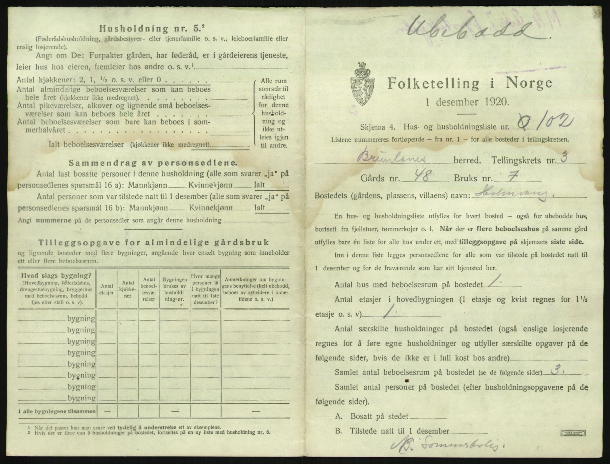 SAKO, 1920 census for Brunlanes, 1920, p. 707