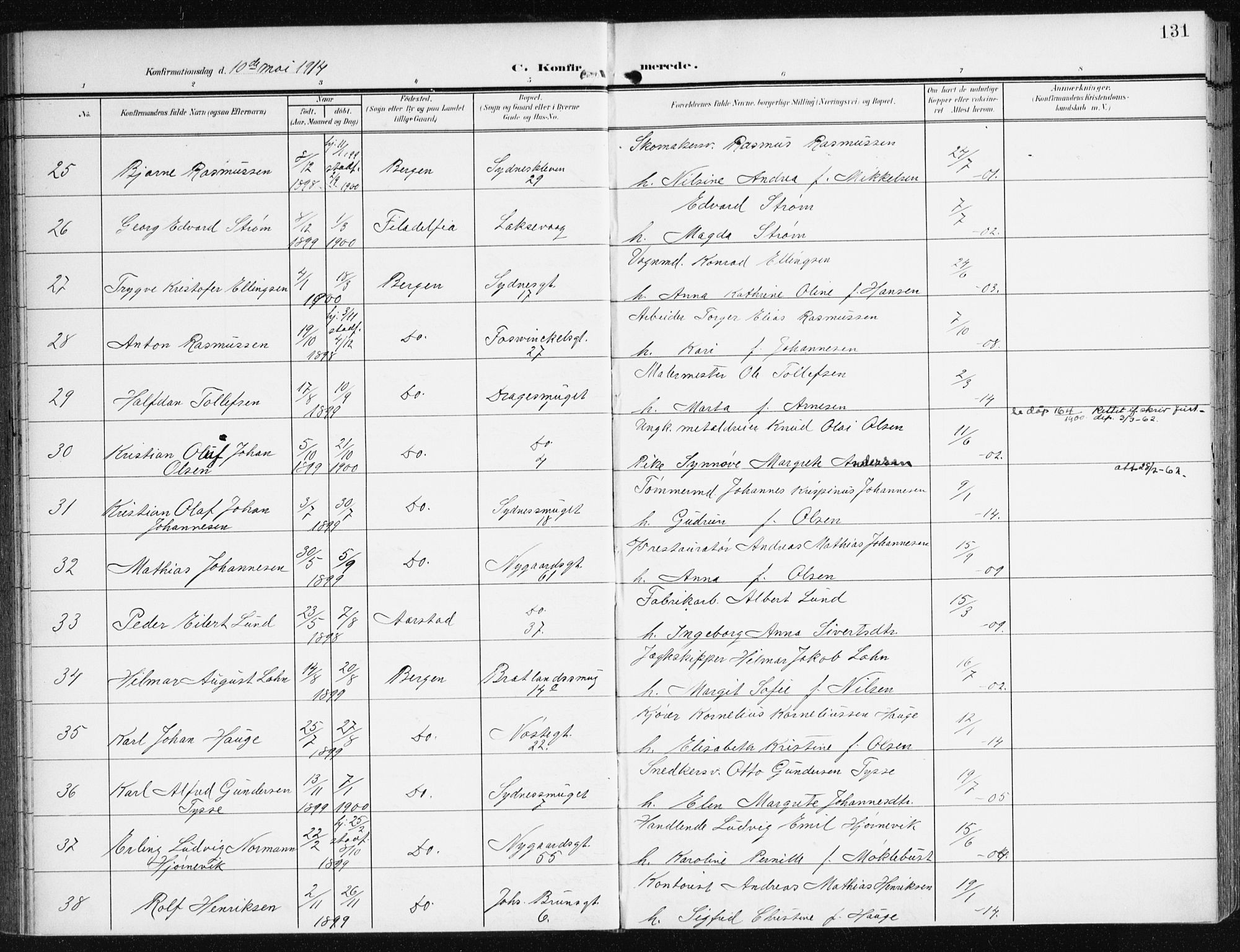Johanneskirken sokneprestembete, SAB/A-76001/H/Haa/L0009: Parish register (official) no. C 2, 1907-1924, p. 131