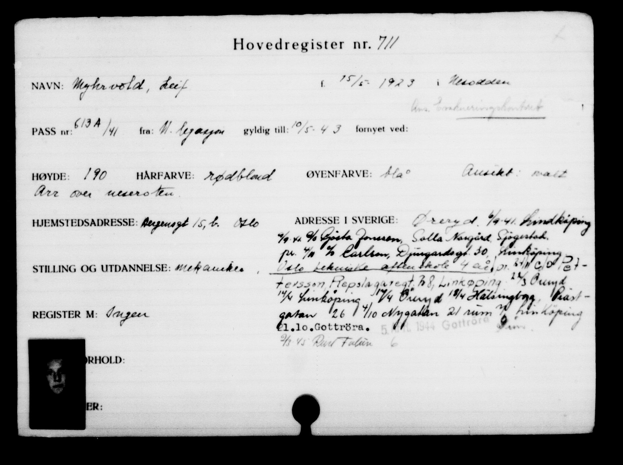 Utenriksstasjonene, Legasjonen i Stockholm, Flyktningkontoret, AV/RA-S-6753/V/Va/L0001: Kjesäterkartoteket, flyktninger med registreringsnr. 1-1000, 1940-1945, p. 1112