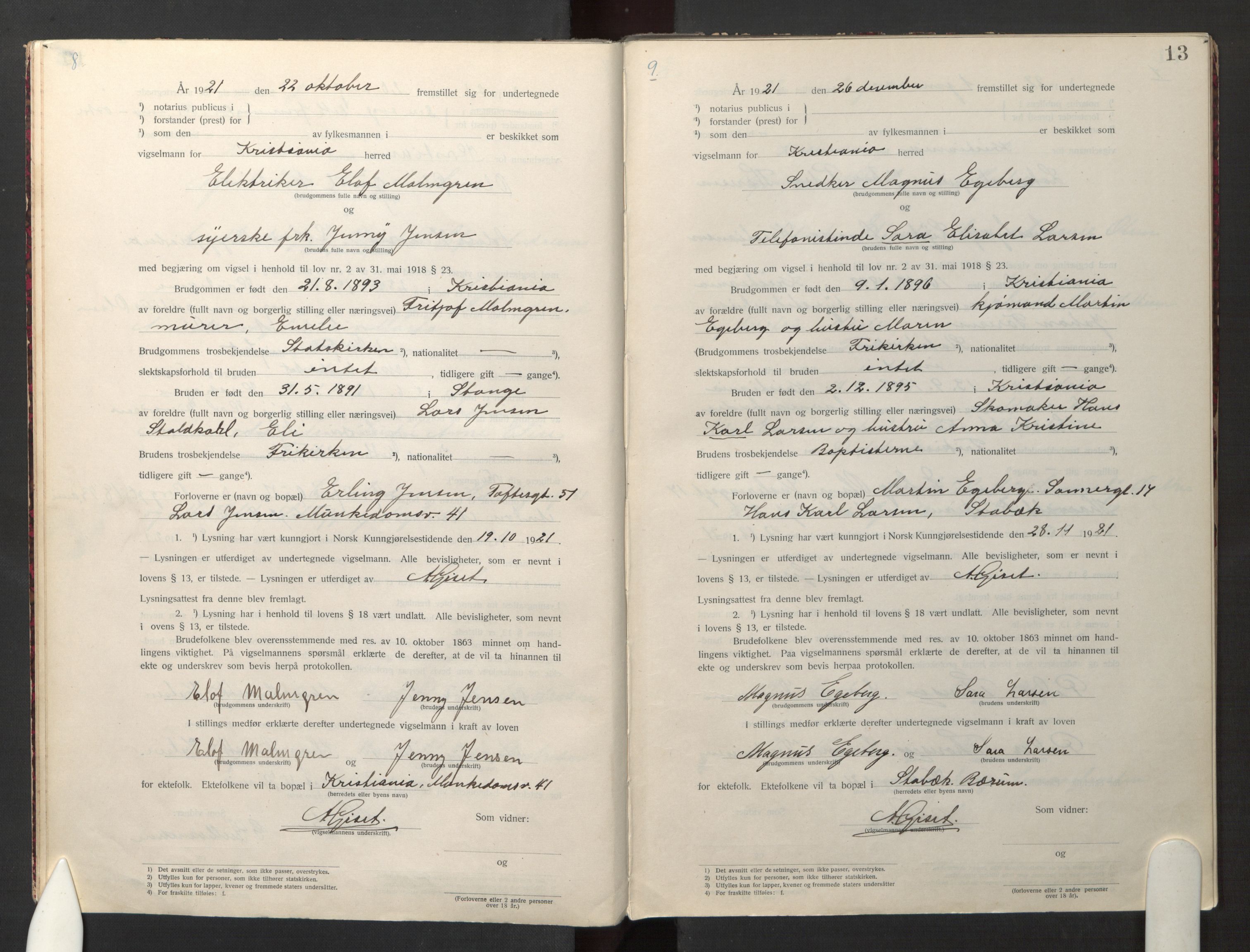 Den evangelisk-lutherske frikirke østre menighet, Oslo, AV/SAO-PAO-0245/F/L0005: Marriage register (dissenter) no. 5, 1920-1941, p. 13