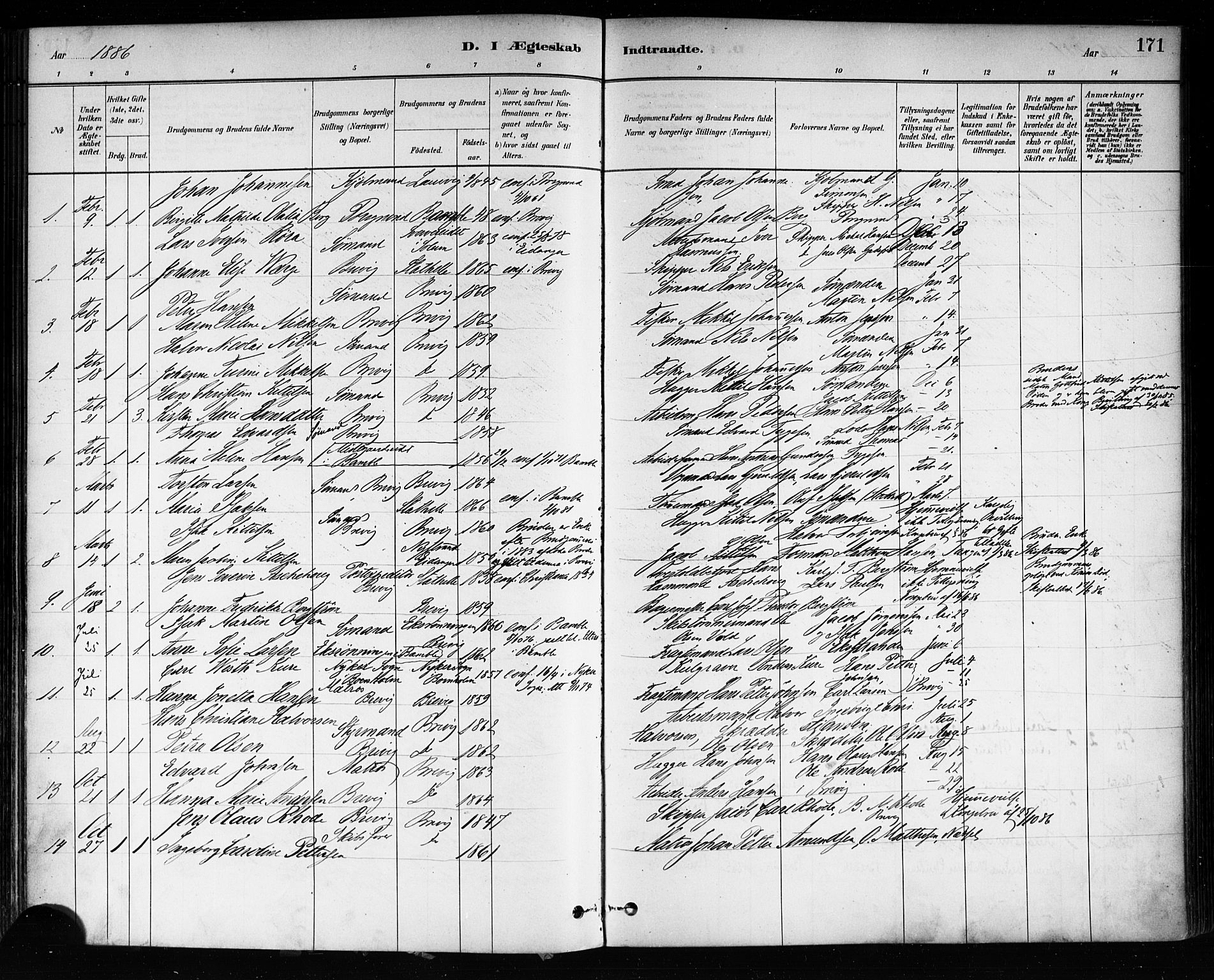 Brevik kirkebøker, SAKO/A-255/F/Fa/L0007: Parish register (official) no. 7, 1882-1900, p. 171