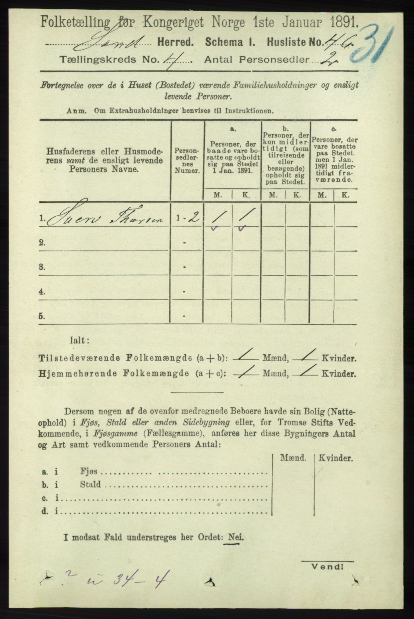 RA, 1891 census for 1136 Sand, 1891, p. 1199