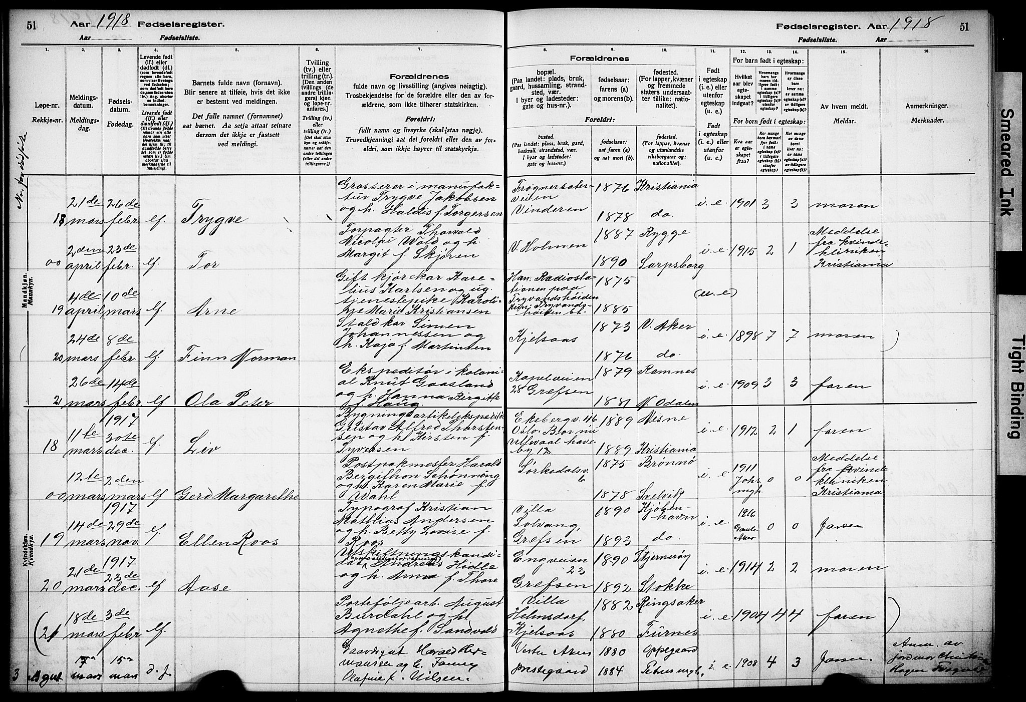 Vestre Aker prestekontor Kirkebøker, AV/SAO-A-10025/J/Ja/L0001: Birth register no. 1, 1916-1922, p. 51