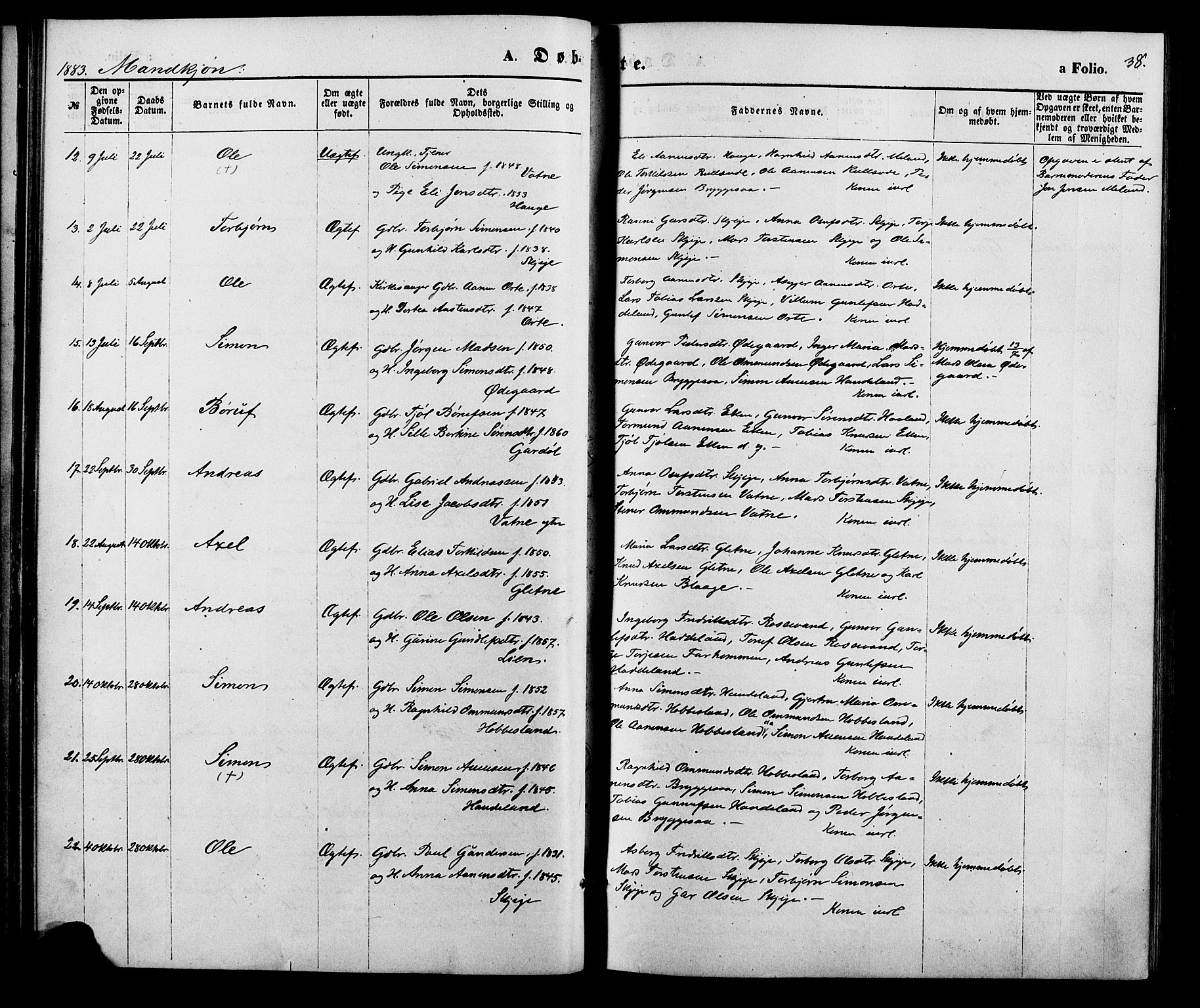 Hægebostad sokneprestkontor, SAK/1111-0024/F/Fa/Fab/L0003: Parish register (official) no. A 3, 1872-1886, p. 38