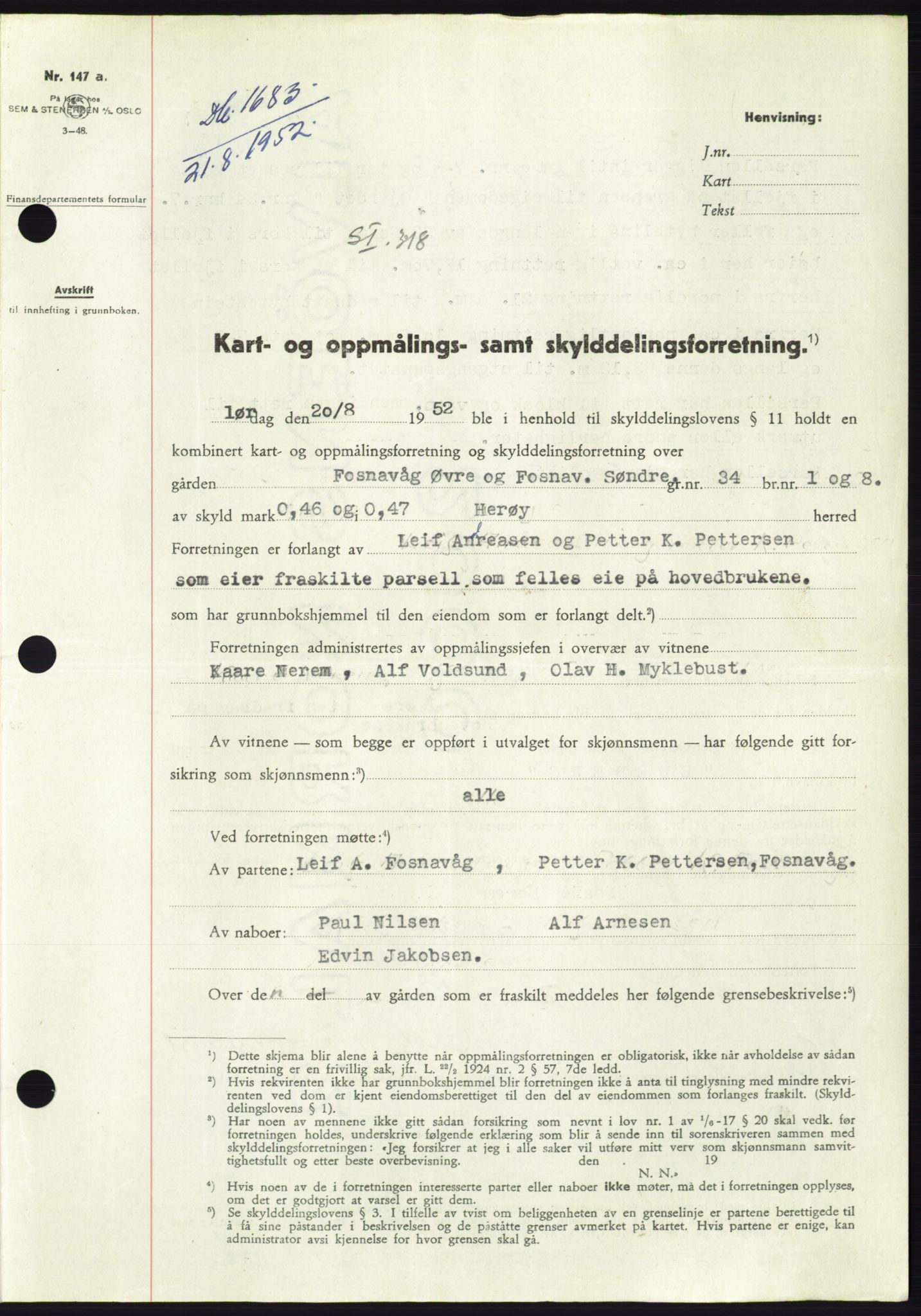 Søre Sunnmøre sorenskriveri, AV/SAT-A-4122/1/2/2C/L0092: Mortgage book no. 18A, 1952-1952, Diary no: : 1683/1952