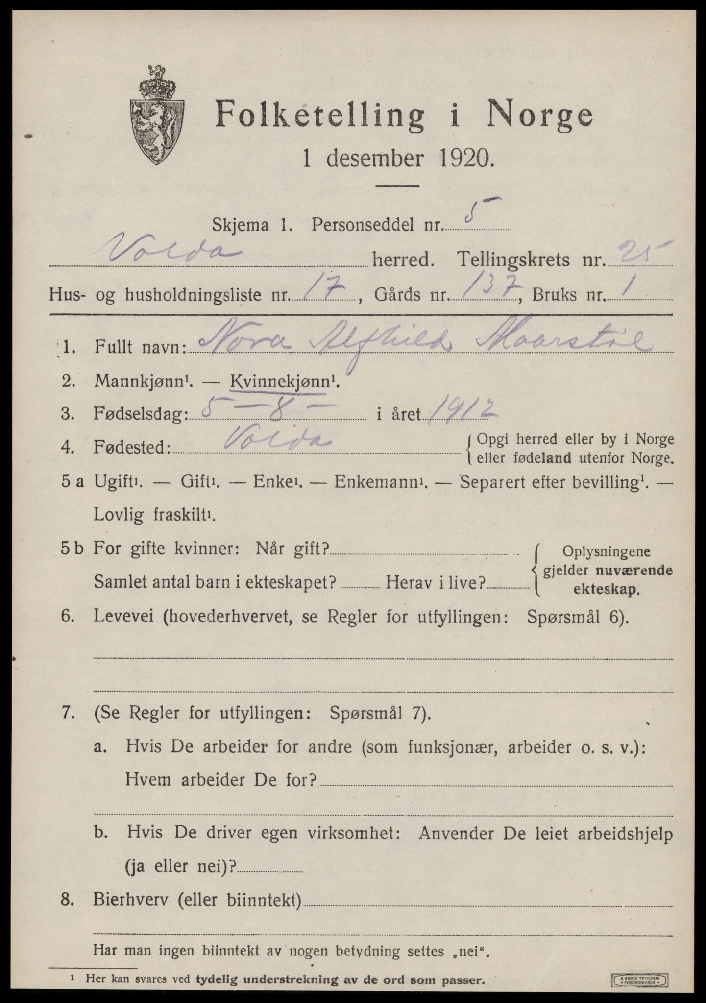 SAT, 1920 census for Volda, 1920, p. 12350