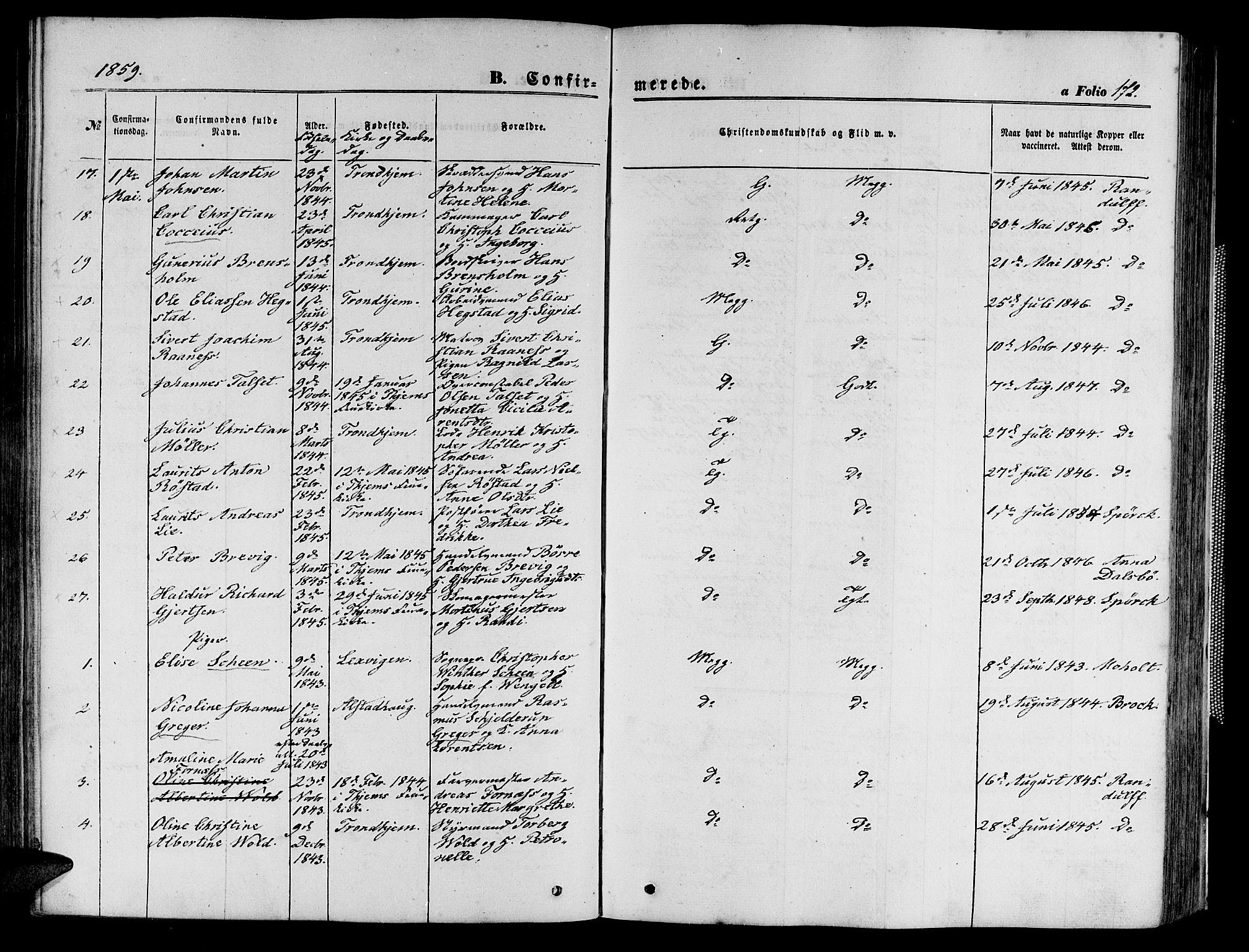 Ministerialprotokoller, klokkerbøker og fødselsregistre - Sør-Trøndelag, SAT/A-1456/602/L0139: Parish register (copy) no. 602C07, 1859-1864, p. 172
