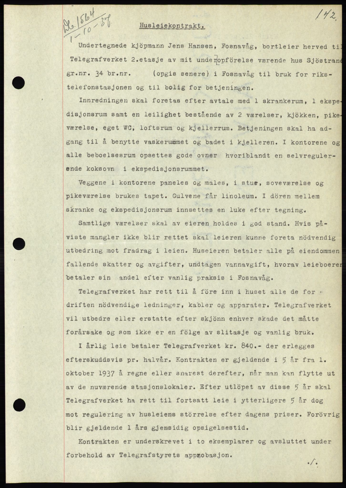 Søre Sunnmøre sorenskriveri, AV/SAT-A-4122/1/2/2C/L0064: Mortgage book no. 58, 1937-1938, Diary no: : 1564/1937