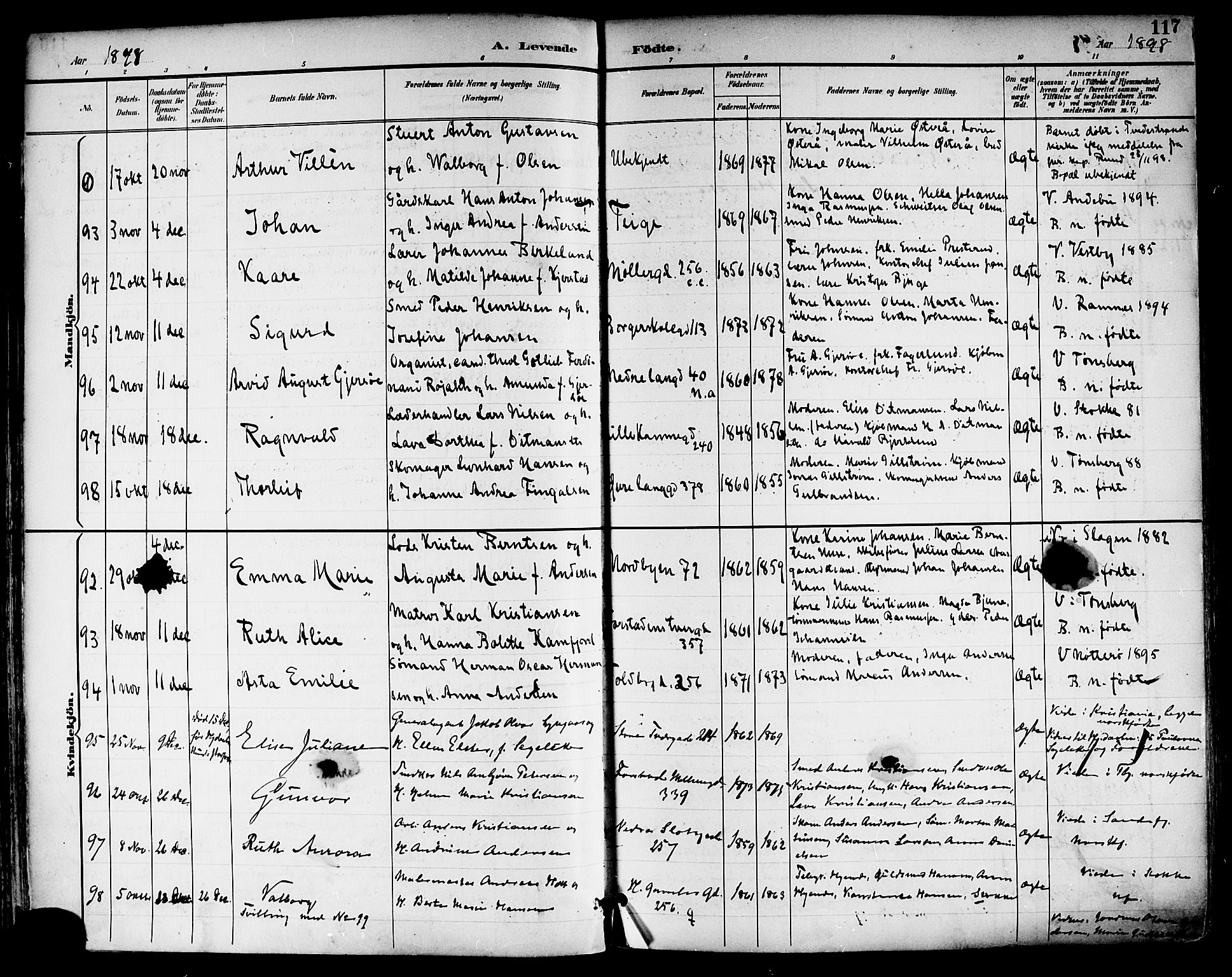 Tønsberg kirkebøker, AV/SAKO-A-330/F/Fa/L0012: Parish register (official) no. I 12, 1891-1899, p. 117