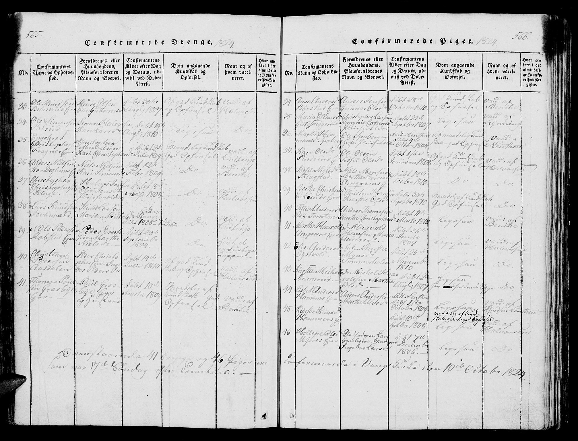 Vang prestekontor, Hedmark, AV/SAH-PREST-008/H/Ha/Hab/L0004: Parish register (copy) no. 4, 1813-1827, p. 565-566