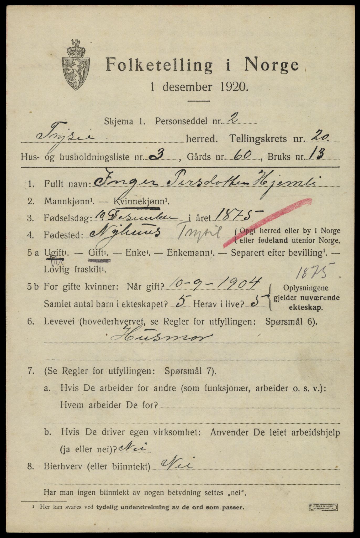 SAH, 1920 census for Trysil, 1920, p. 13027