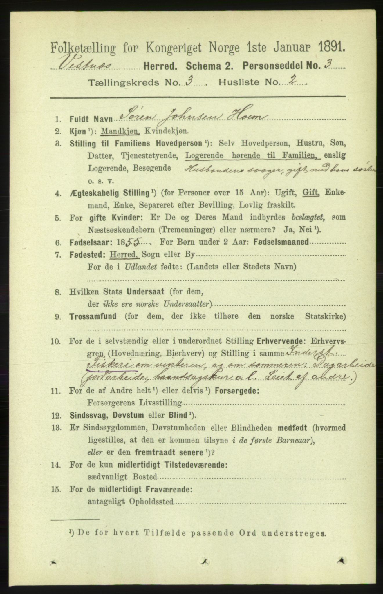 RA, 1891 census for 1535 Vestnes, 1891, p. 883