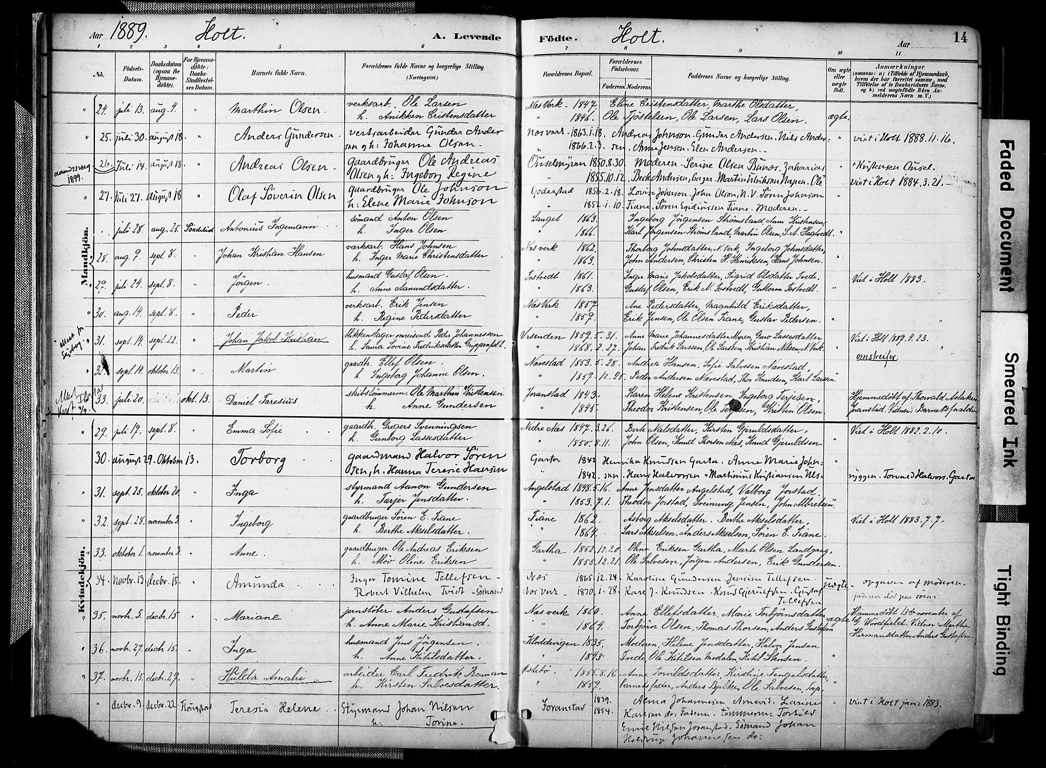 Holt sokneprestkontor, AV/SAK-1111-0021/F/Fa/L0012: Parish register (official) no. A 12, 1885-1907, p. 14