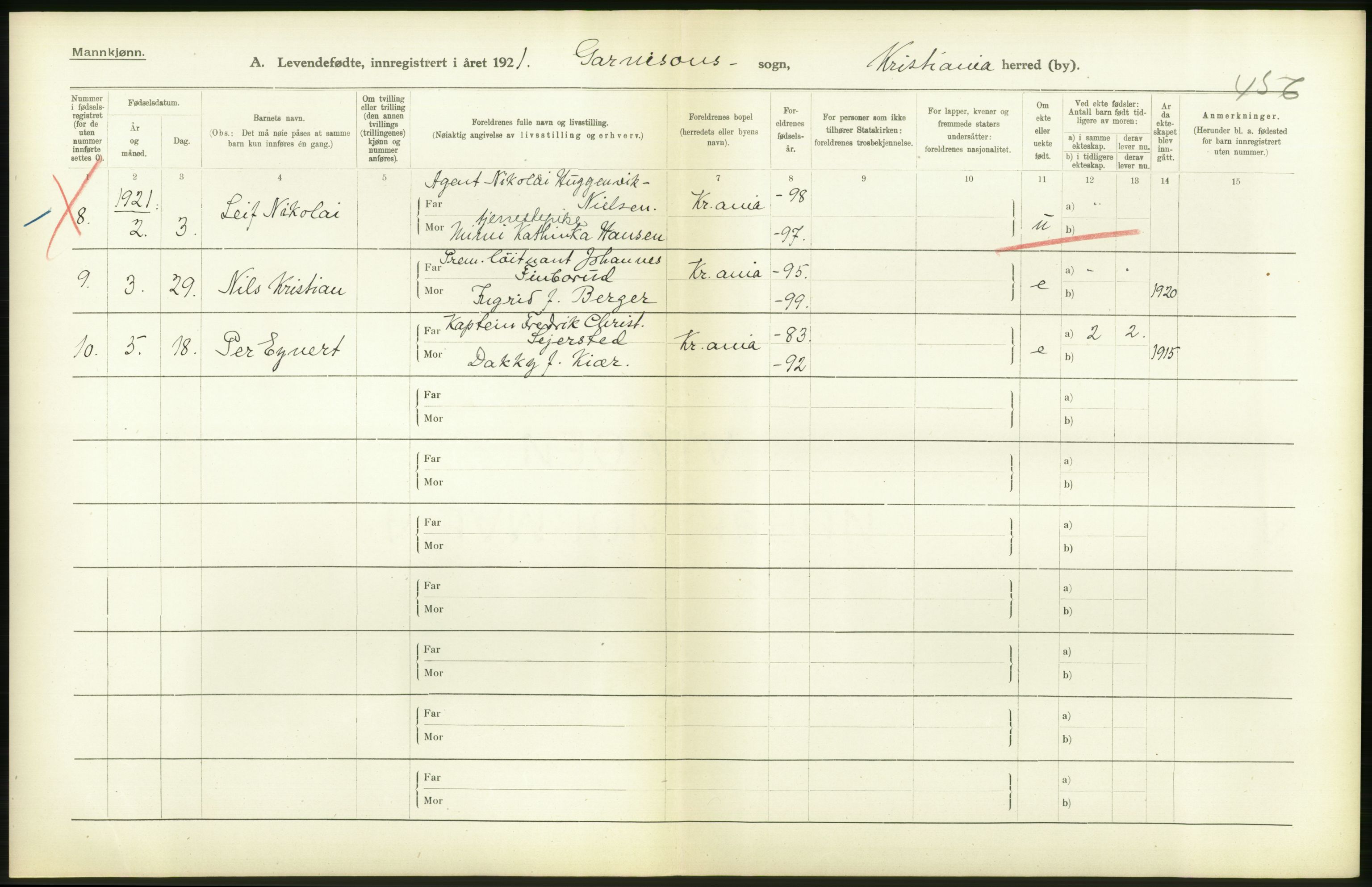 Statistisk sentralbyrå, Sosiodemografiske emner, Befolkning, RA/S-2228/D/Df/Dfc/Dfca/L0009: Kristiania: Levendefødte menn og kvinner., 1921, p. 348