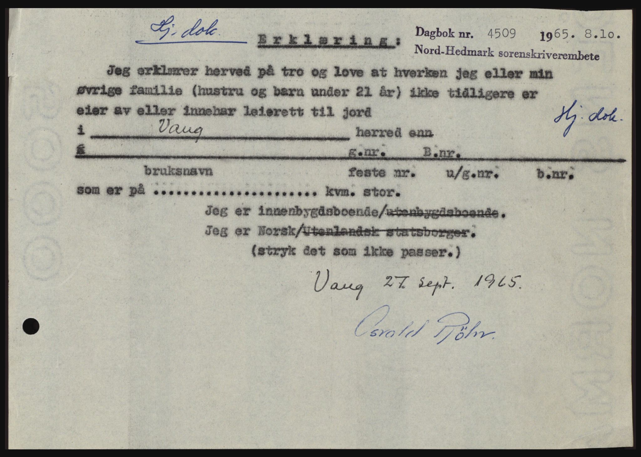 Nord-Hedmark sorenskriveri, SAH/TING-012/H/Hc/L0022: Mortgage book no. 22, 1965-1965, Diary no: : 4509/1965