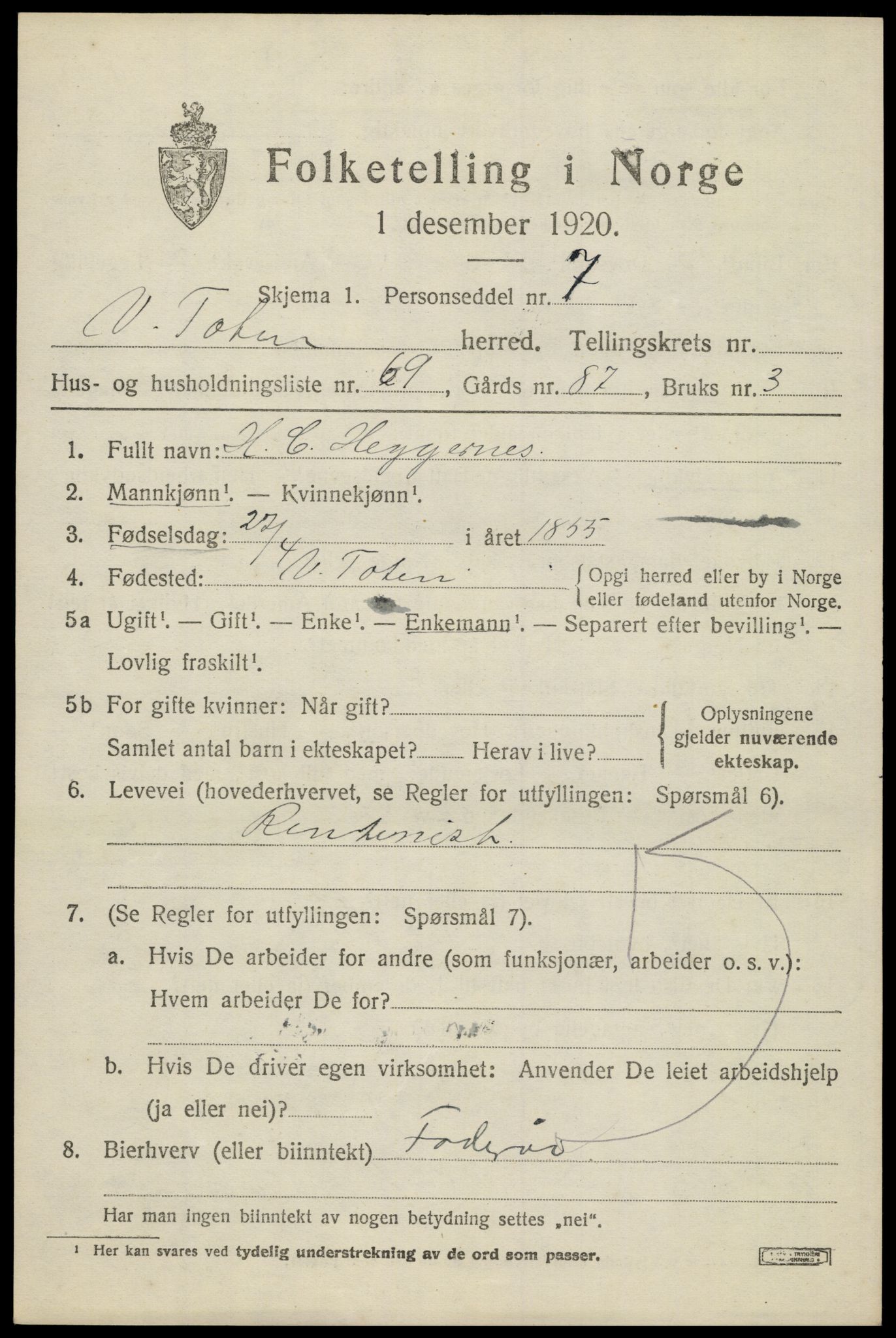 SAH, 1920 census for Vestre Toten, 1920, p. 8922