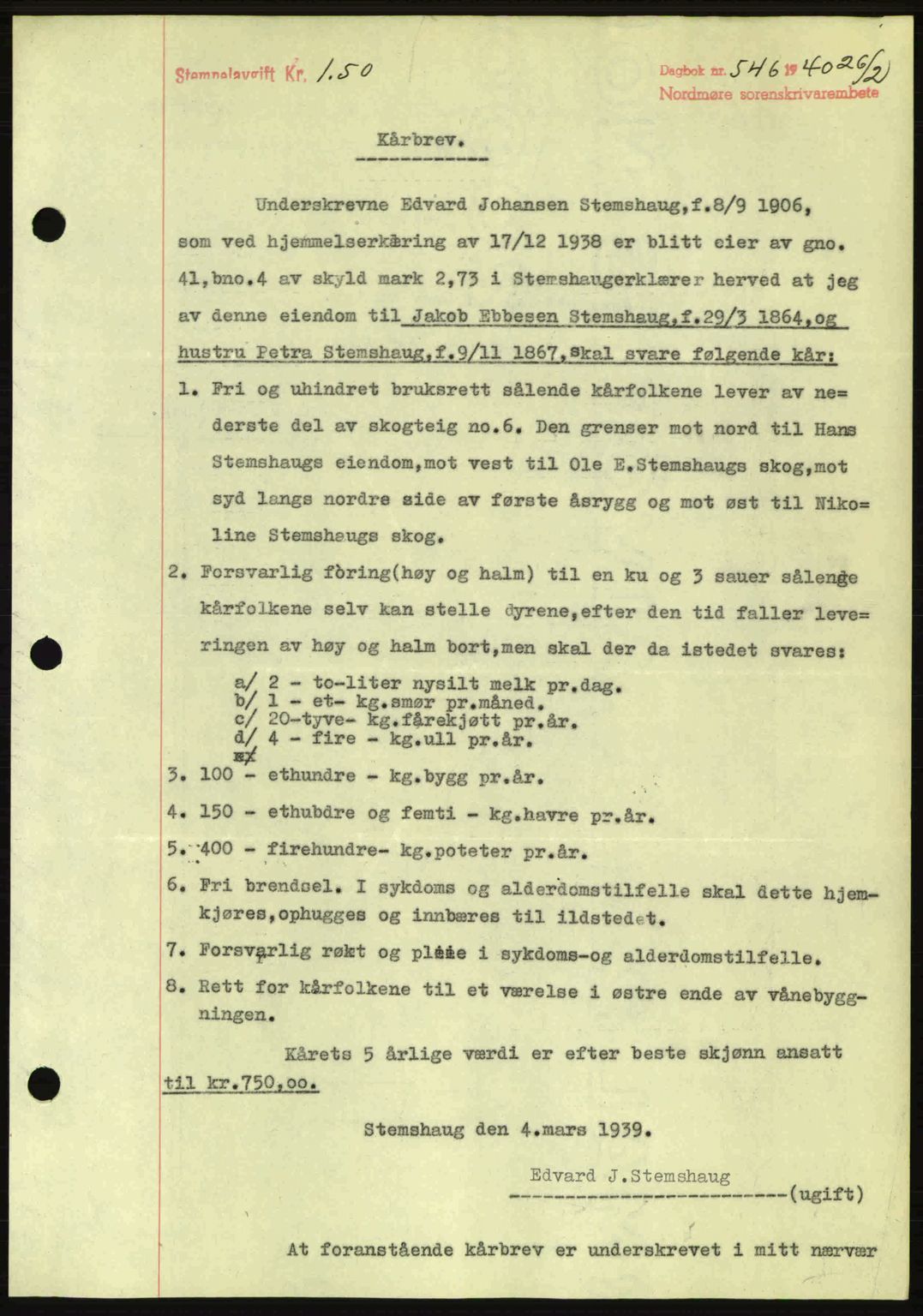 Nordmøre sorenskriveri, AV/SAT-A-4132/1/2/2Ca: Mortgage book no. B86, 1939-1940, Diary no: : 546/1940