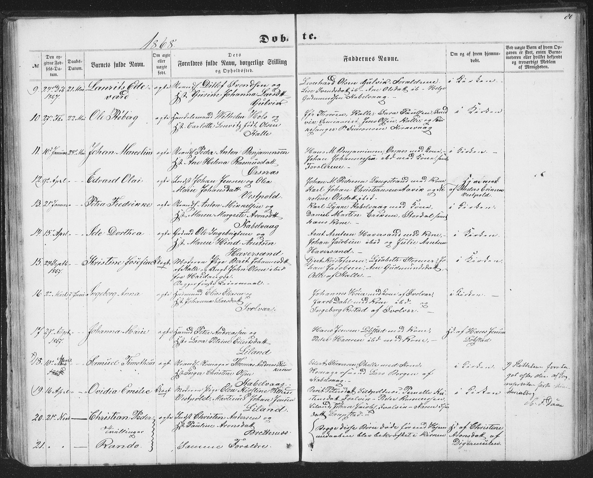 Ministerialprotokoller, klokkerbøker og fødselsregistre - Nordland, AV/SAT-A-1459/874/L1073: Parish register (copy) no. 874C02, 1860-1870, p. 80