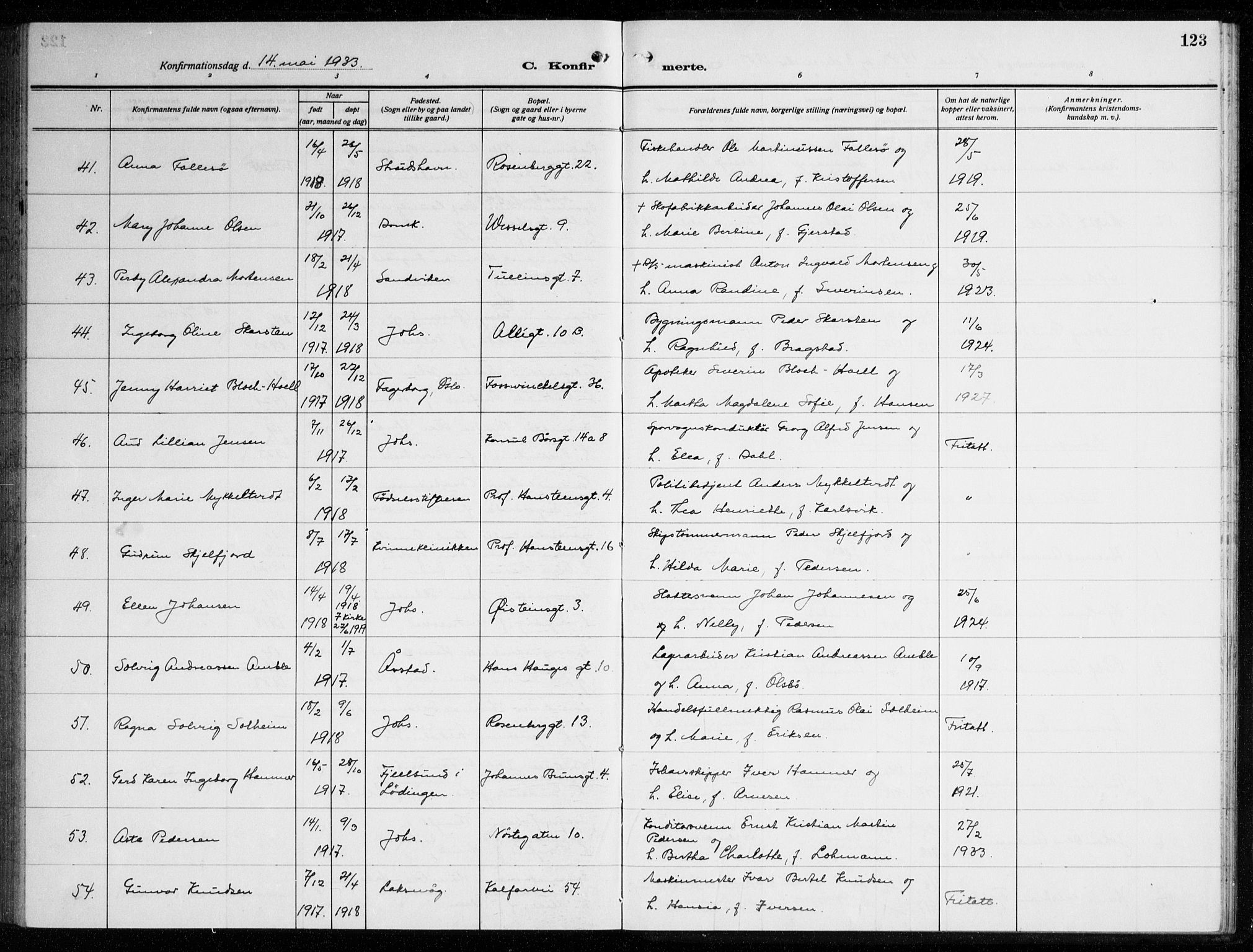 Johanneskirken sokneprestembete, AV/SAB-A-76001/H/Haa/L0010: Parish register (official) no. C 3, 1925-1935, p. 123