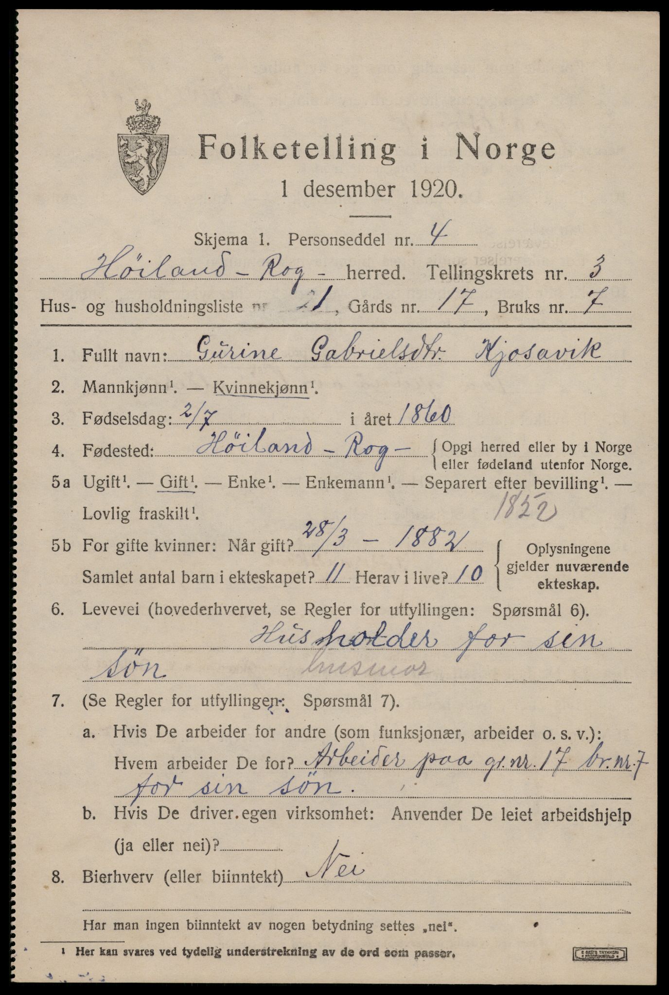 SAST, 1920 census for Høyland, 1920, p. 3020