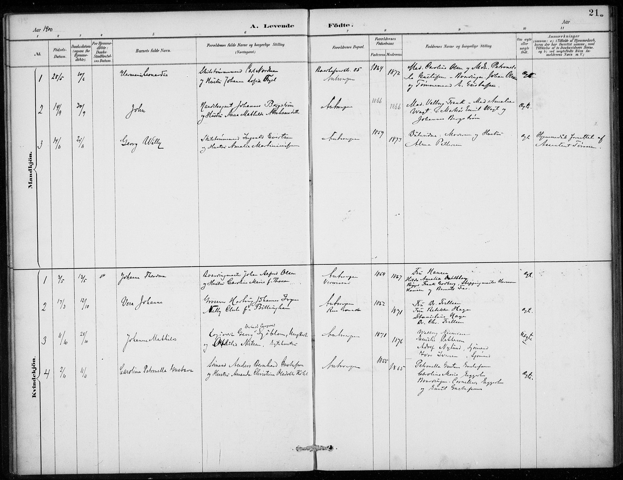 Den norske sjømannsmisjon i utlandet/Antwerpen, SAB/SAB/PA-0105/H/Ha/L0002: Parish register (official) no. A 2, 1887-1913, p. 21