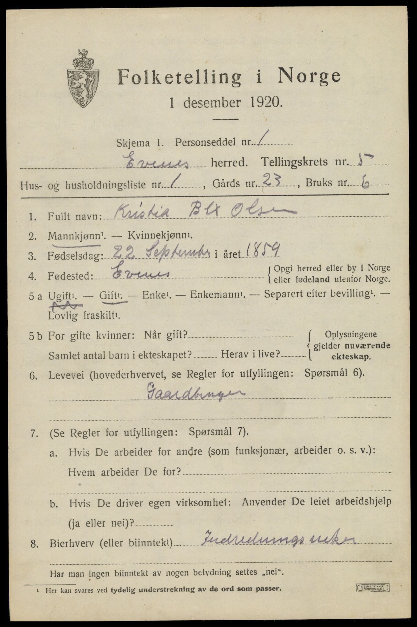 SAT, 1920 census for Evenes, 1920, p. 4118