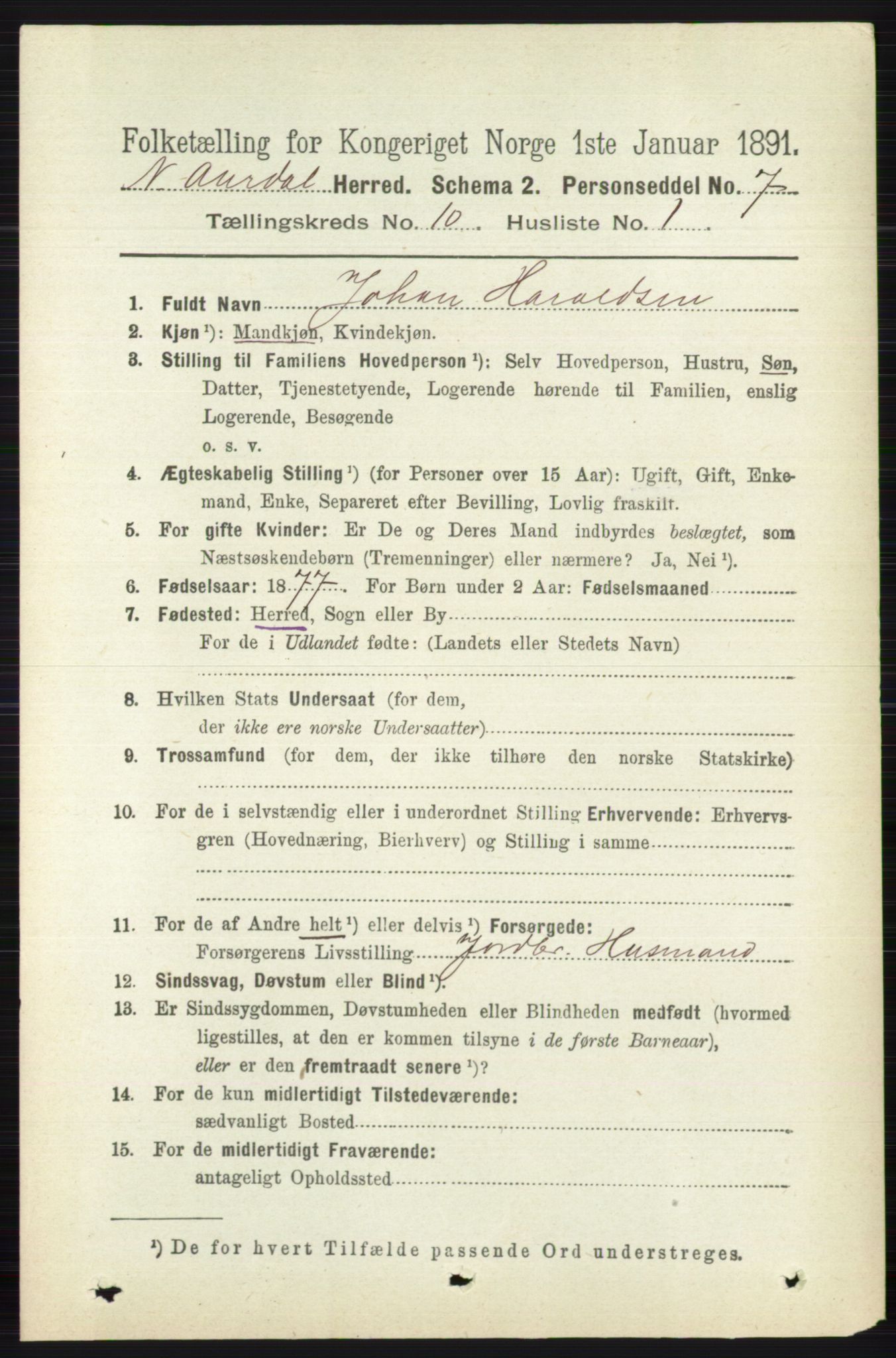 RA, 1891 census for 0542 Nord-Aurdal, 1891, p. 3737