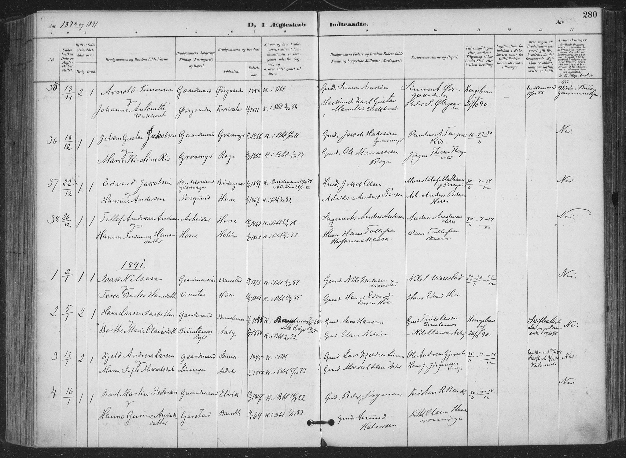 Bamble kirkebøker, AV/SAKO-A-253/F/Fa/L0008: Parish register (official) no. I 8, 1888-1900, p. 280