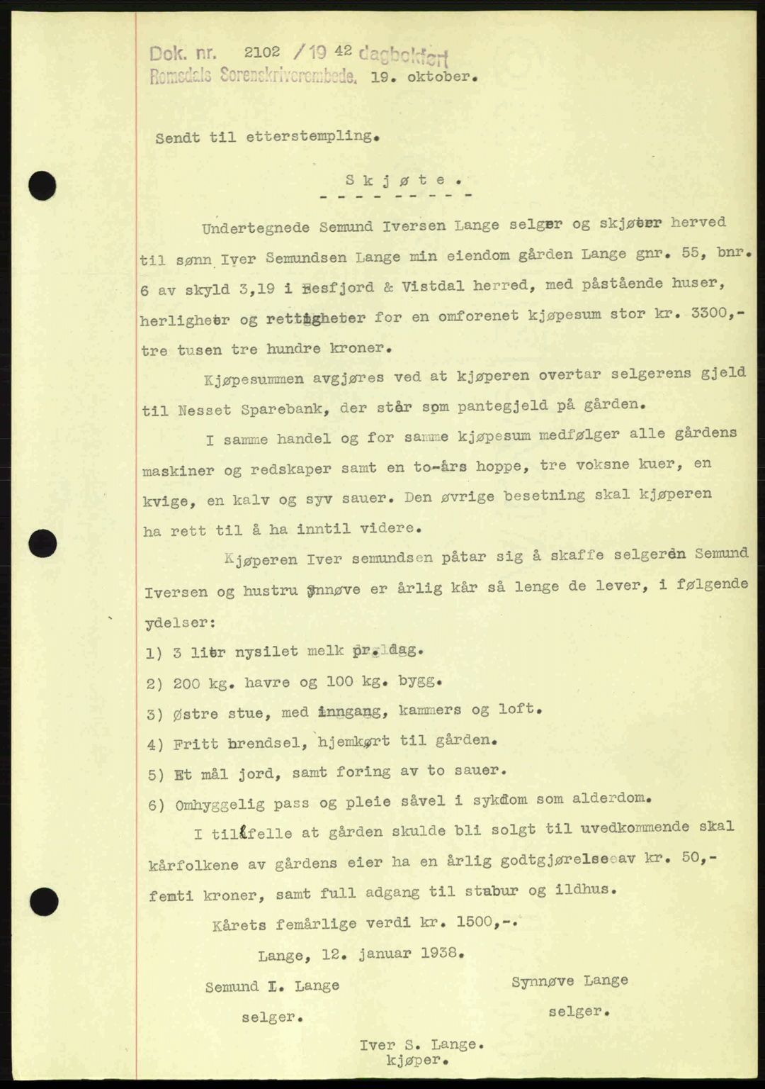 Romsdal sorenskriveri, AV/SAT-A-4149/1/2/2C: Mortgage book no. A13, 1942-1943, Diary no: : 2102/1942