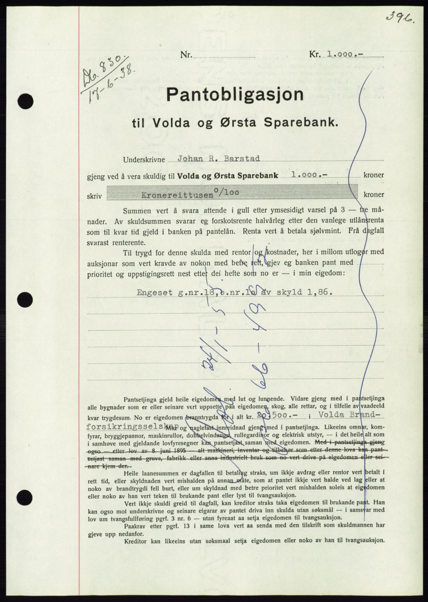 Søre Sunnmøre sorenskriveri, AV/SAT-A-4122/1/2/2C/L0065: Mortgage book no. 59, 1938-1938, Diary no: : 830/1938