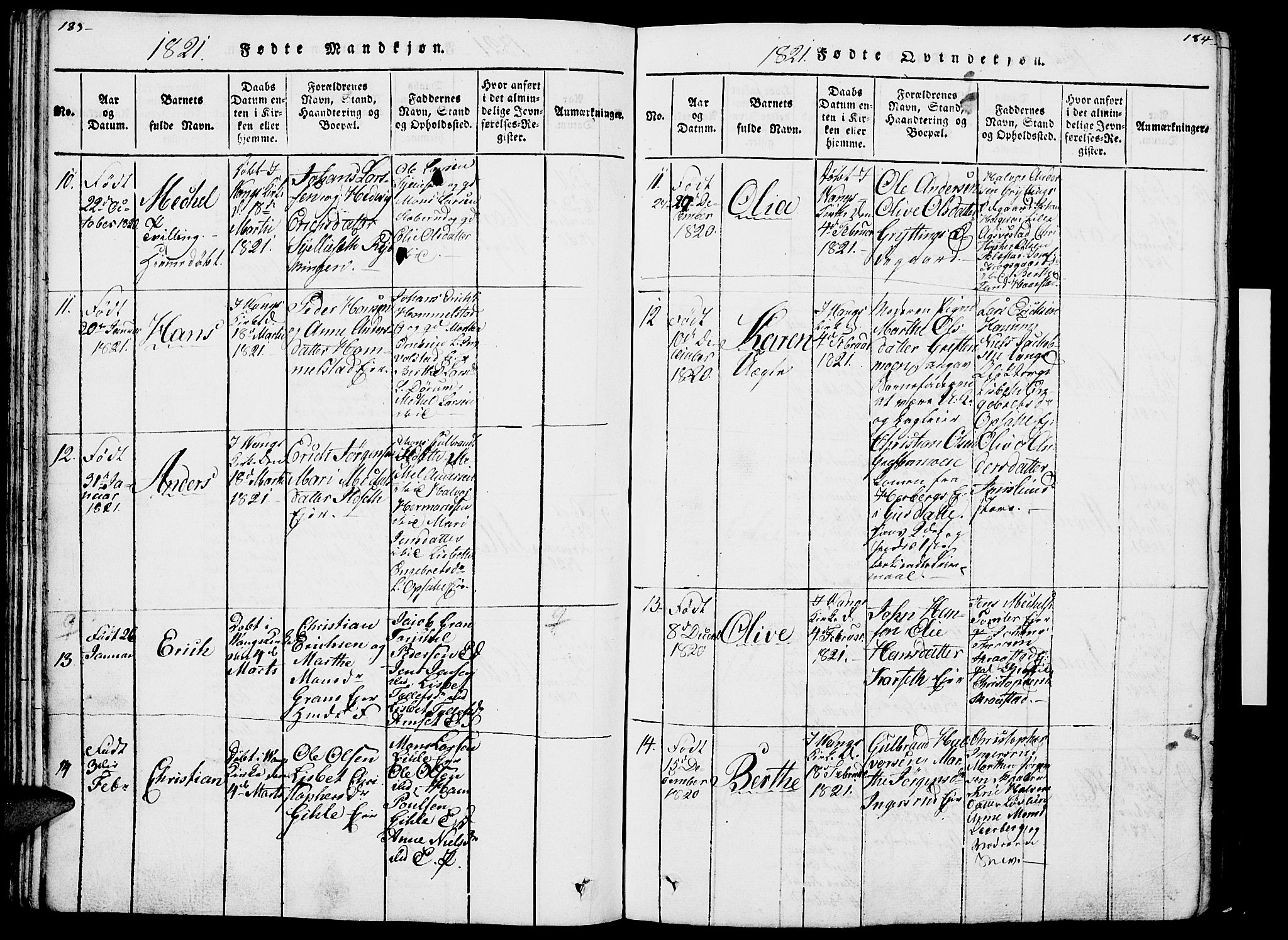 Vang prestekontor, Hedmark, AV/SAH-PREST-008/H/Ha/Haa/L0007: Parish register (official) no. 7, 1813-1826, p. 183-184