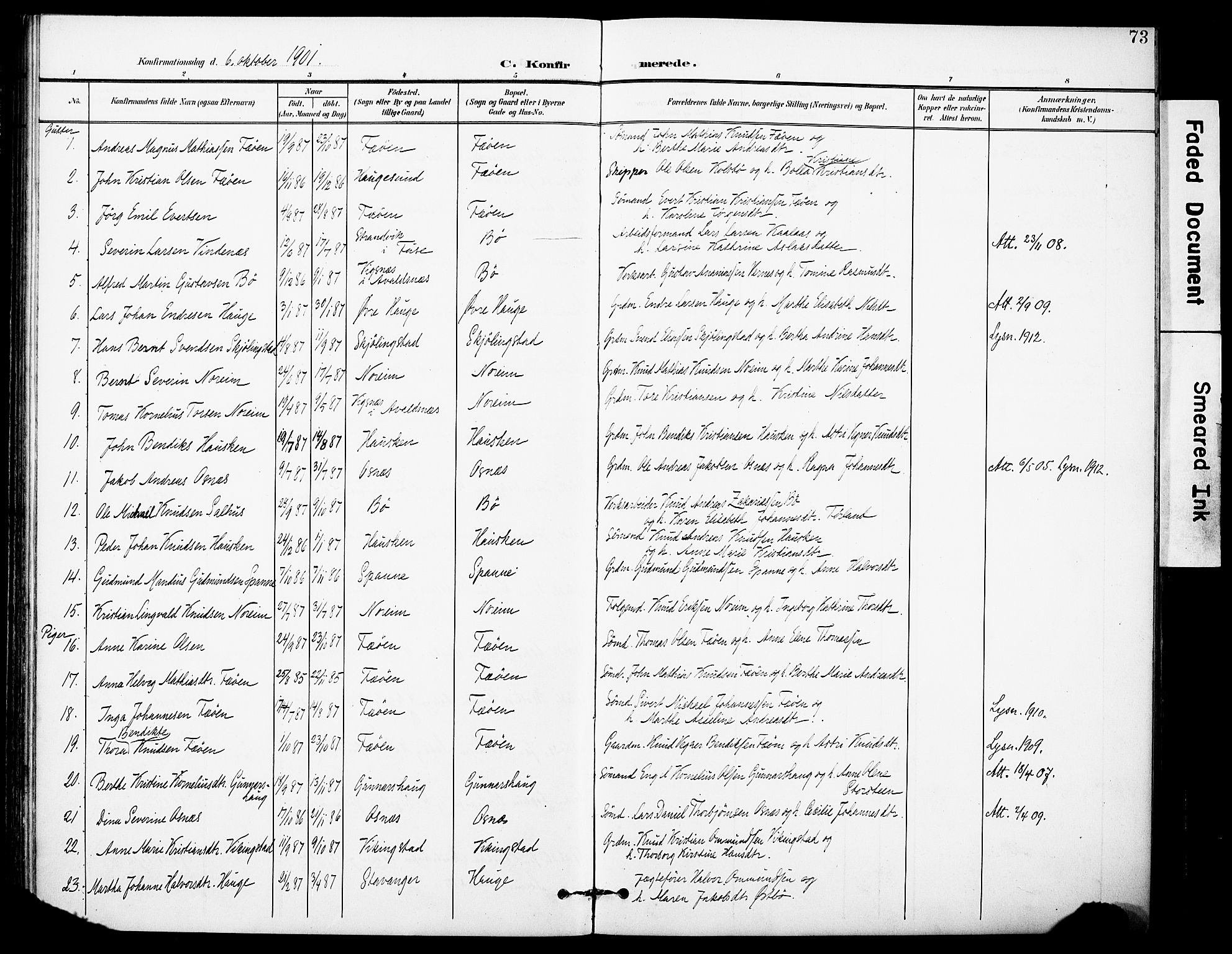 Torvastad sokneprestkontor, AV/SAST-A -101857/H/Ha/Haa/L0017: Parish register (official) no. A 16, 1899-1911, p. 73