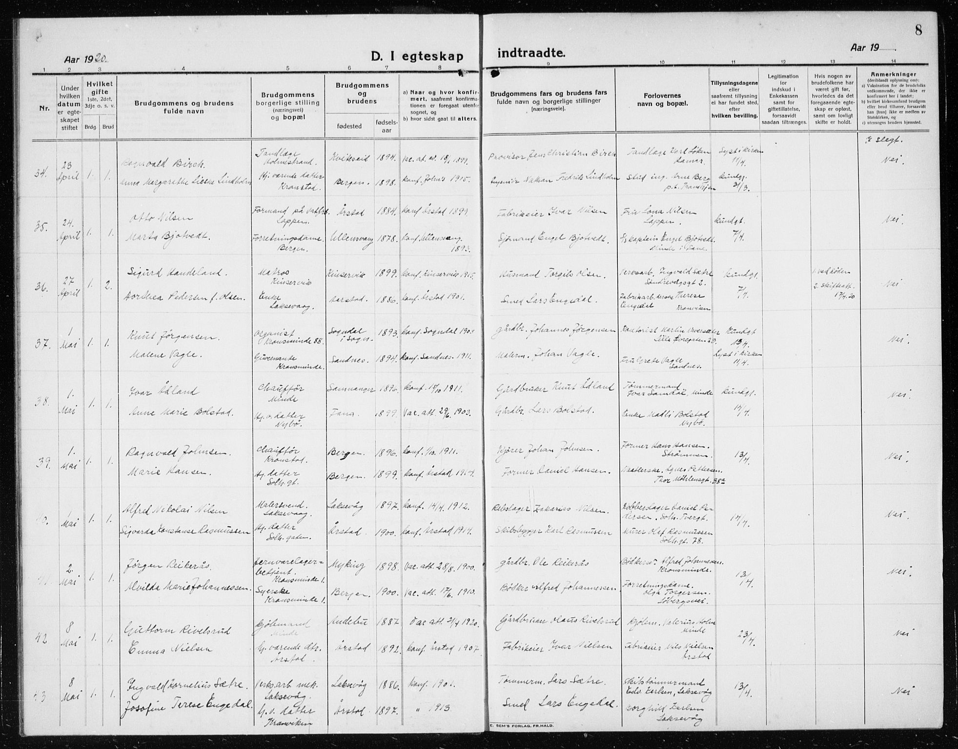 Årstad Sokneprestembete, AV/SAB-A-79301/H/Hab/L0020: Parish register (copy) no. C  2, 1920-1935, p. 8