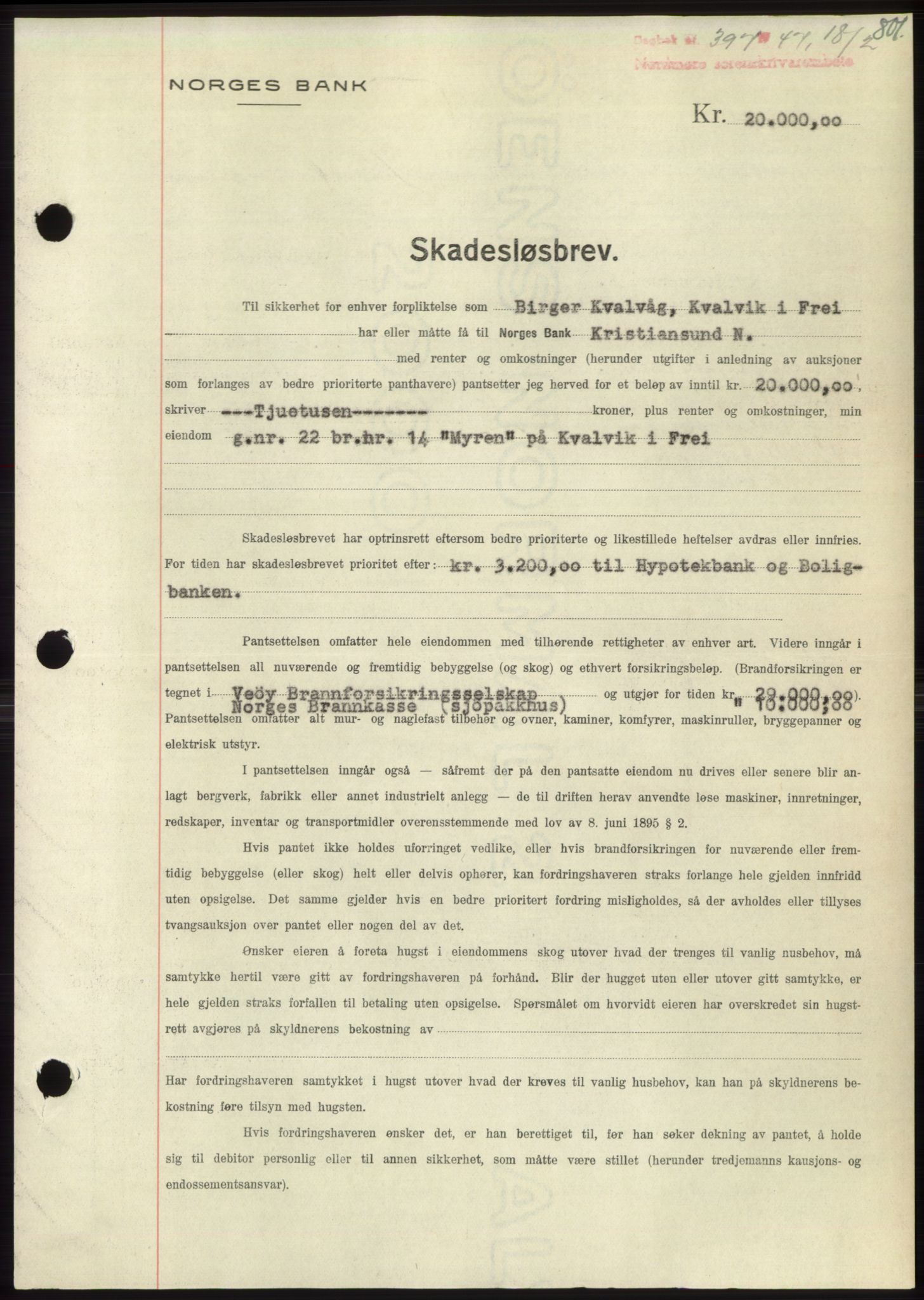 Nordmøre sorenskriveri, AV/SAT-A-4132/1/2/2Ca: Mortgage book no. B95, 1946-1947, Diary no: : 397/1947