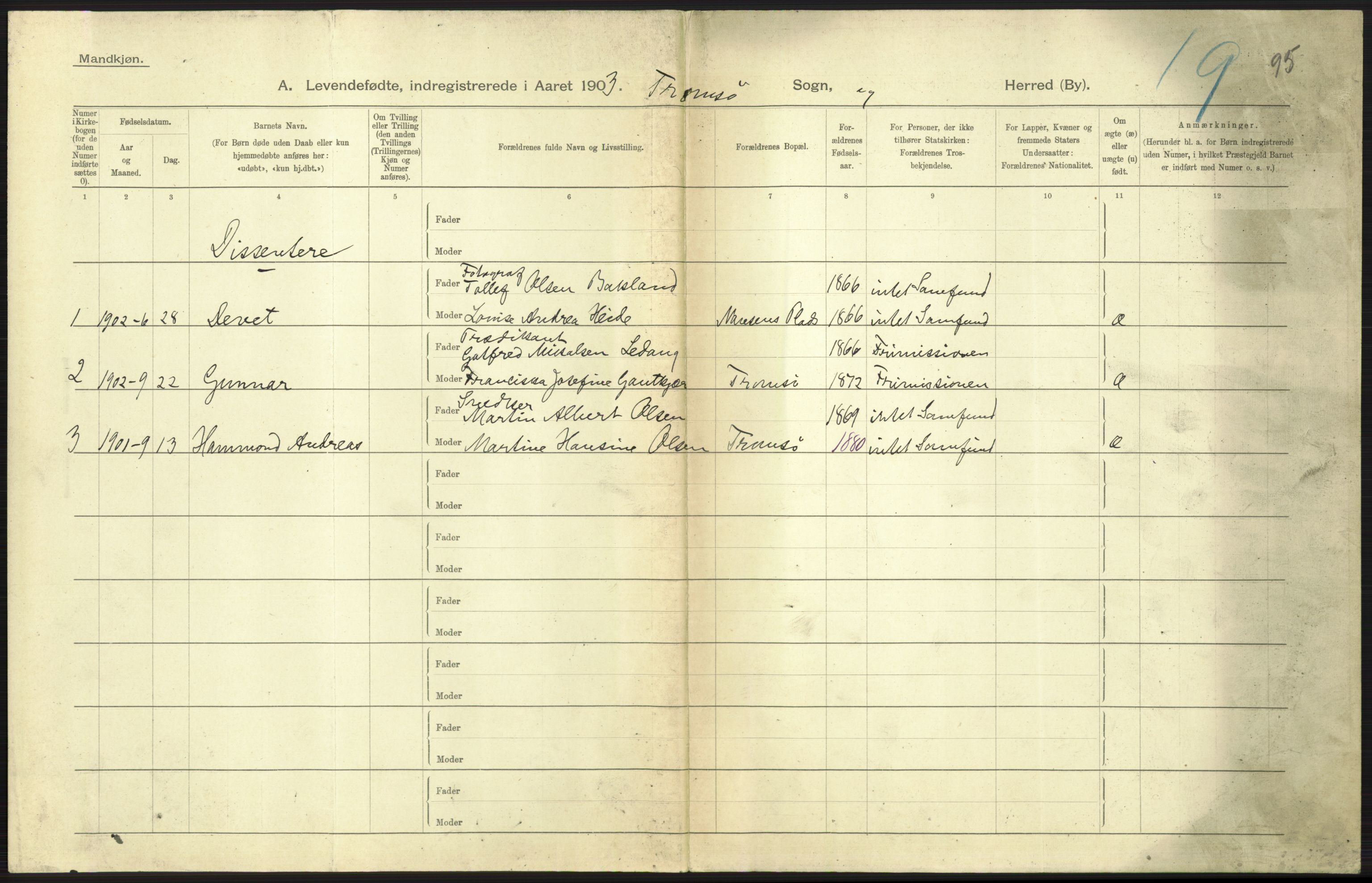 Statistisk sentralbyrå, Sosiodemografiske emner, Befolkning, AV/RA-S-2228/D/Df/Dfa/Dfaa/L0021: Tromsø amt: Fødte, gifte, døde., 1903, p. 269