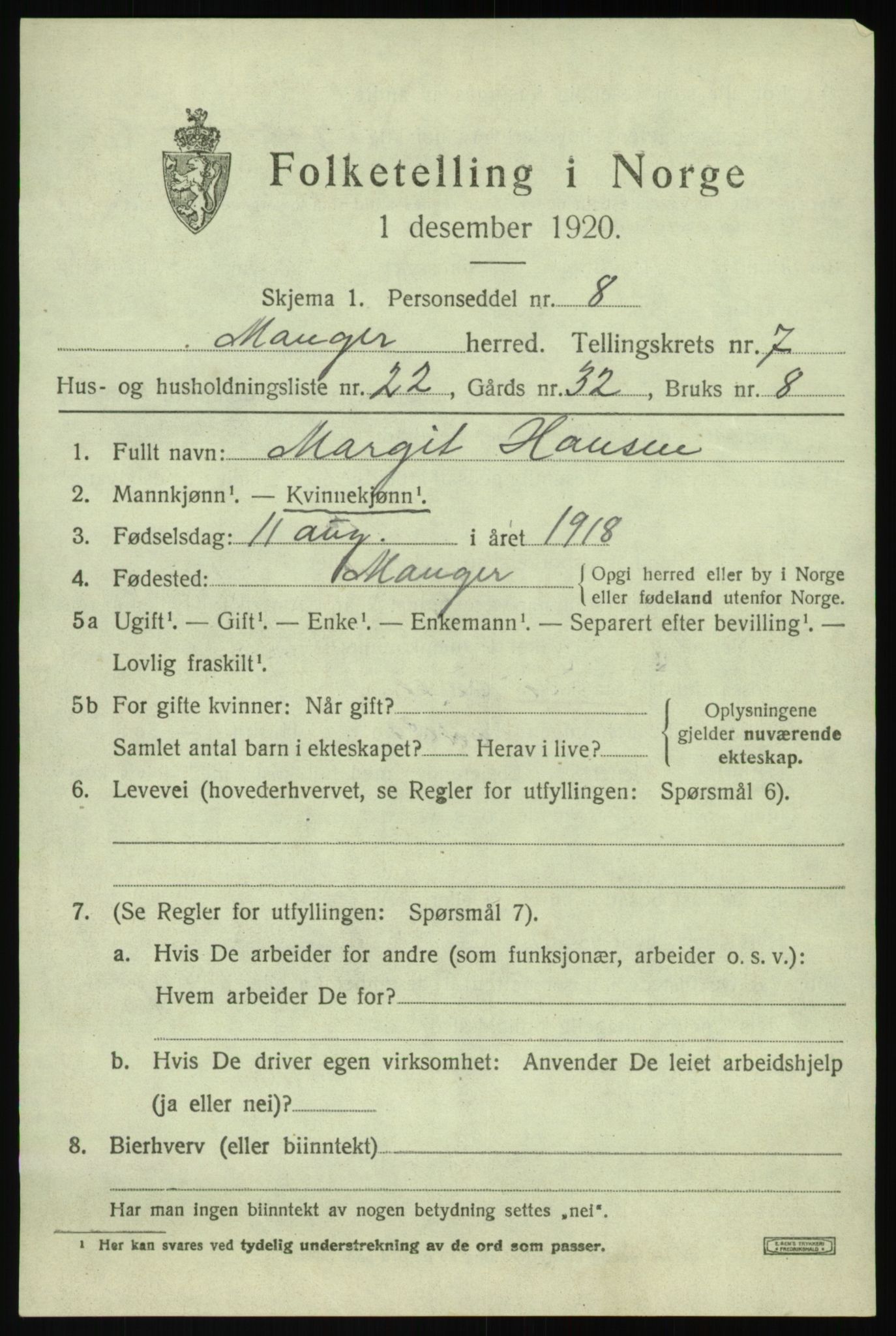 SAB, 1920 census for Manger, 1920, p. 4629