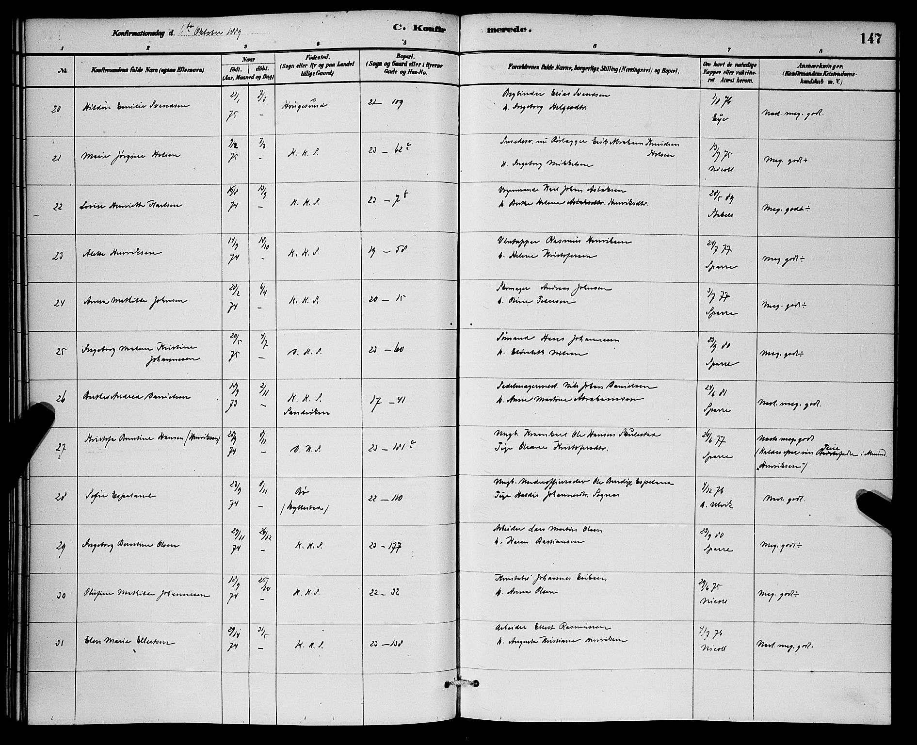 Korskirken sokneprestembete, AV/SAB-A-76101/H/Hab: Parish register (copy) no. C 3, 1880-1892, p. 147