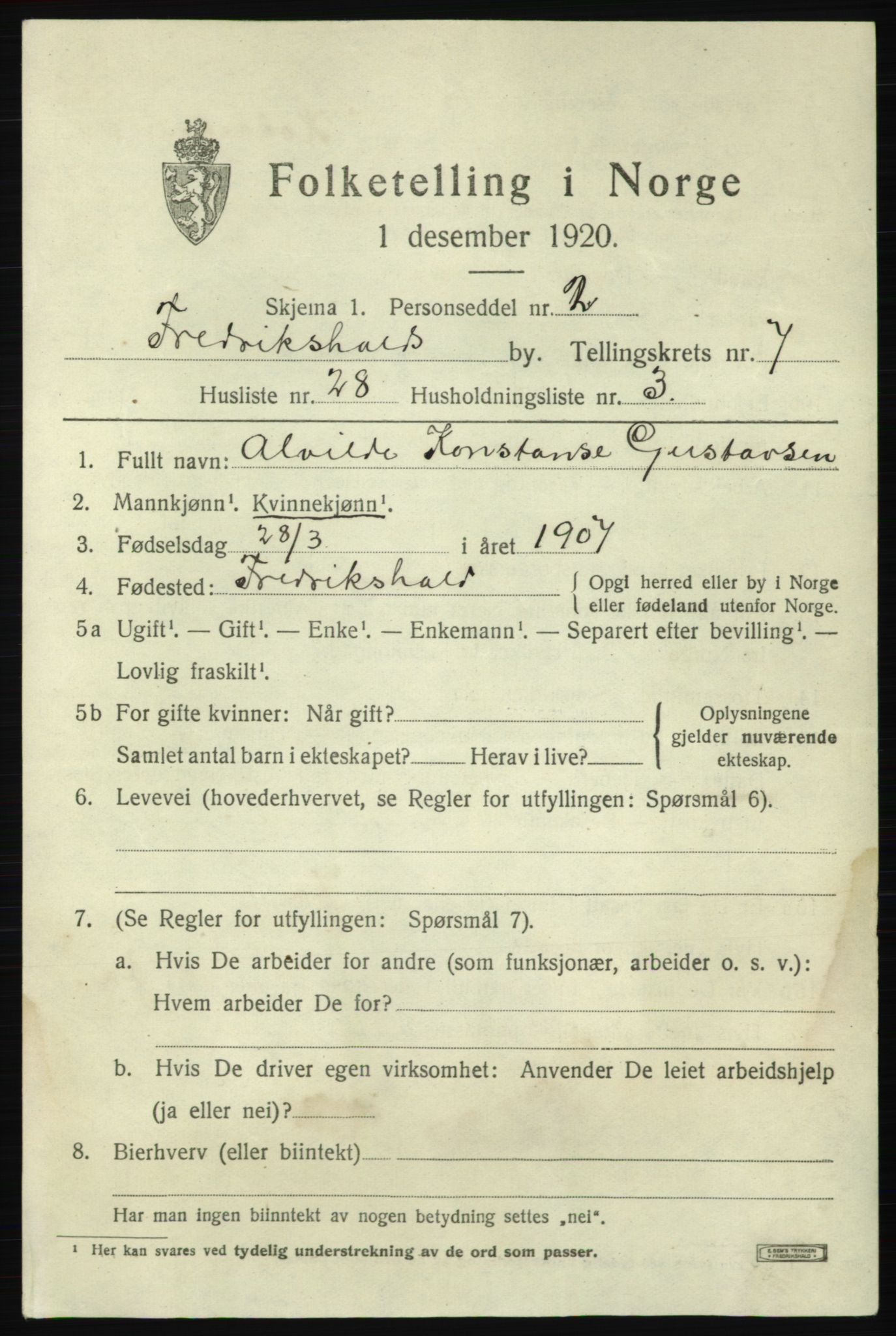 SAO, 1920 census for Fredrikshald, 1920, p. 14604