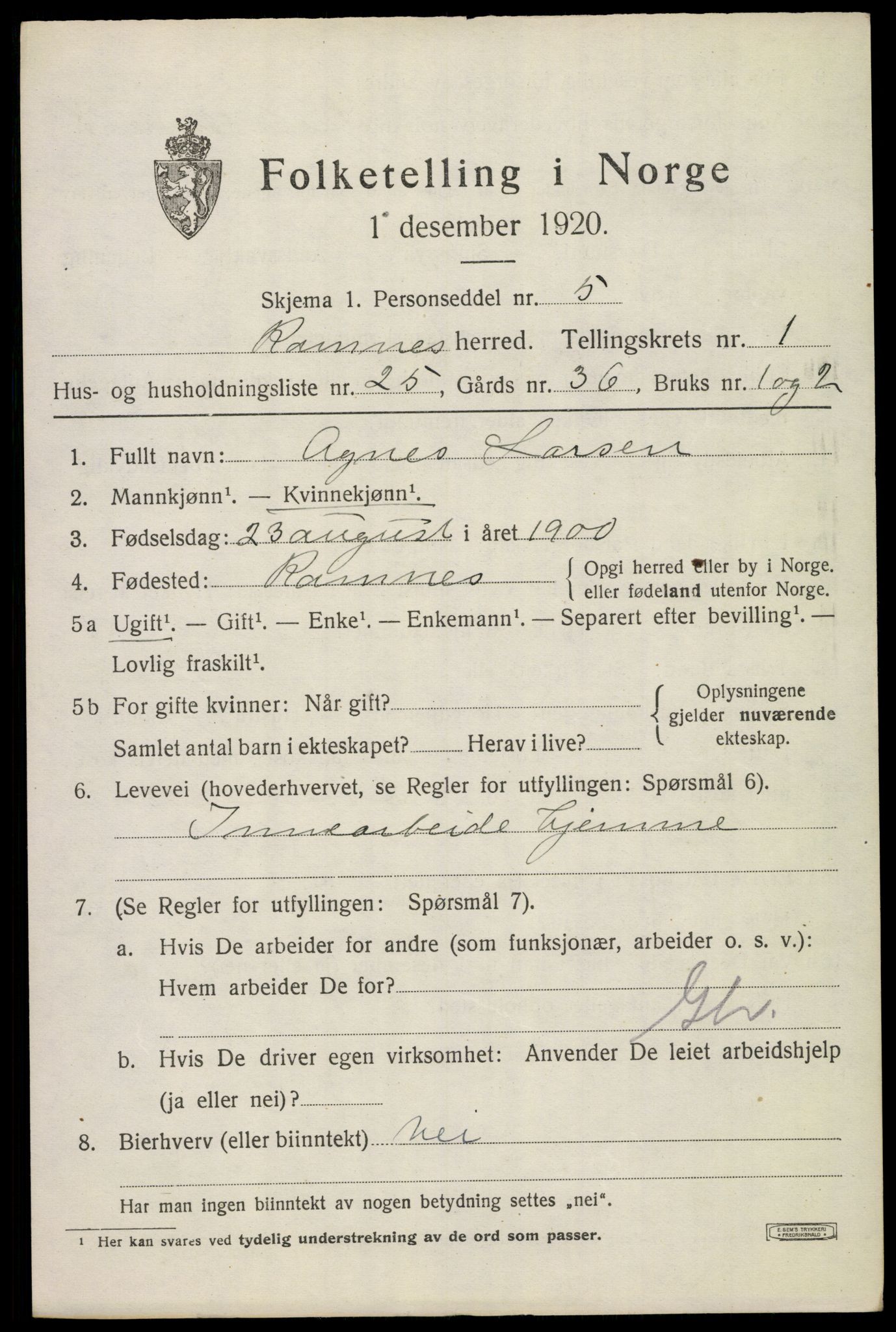 SAKO, 1920 census for Ramnes, 1920, p. 1452