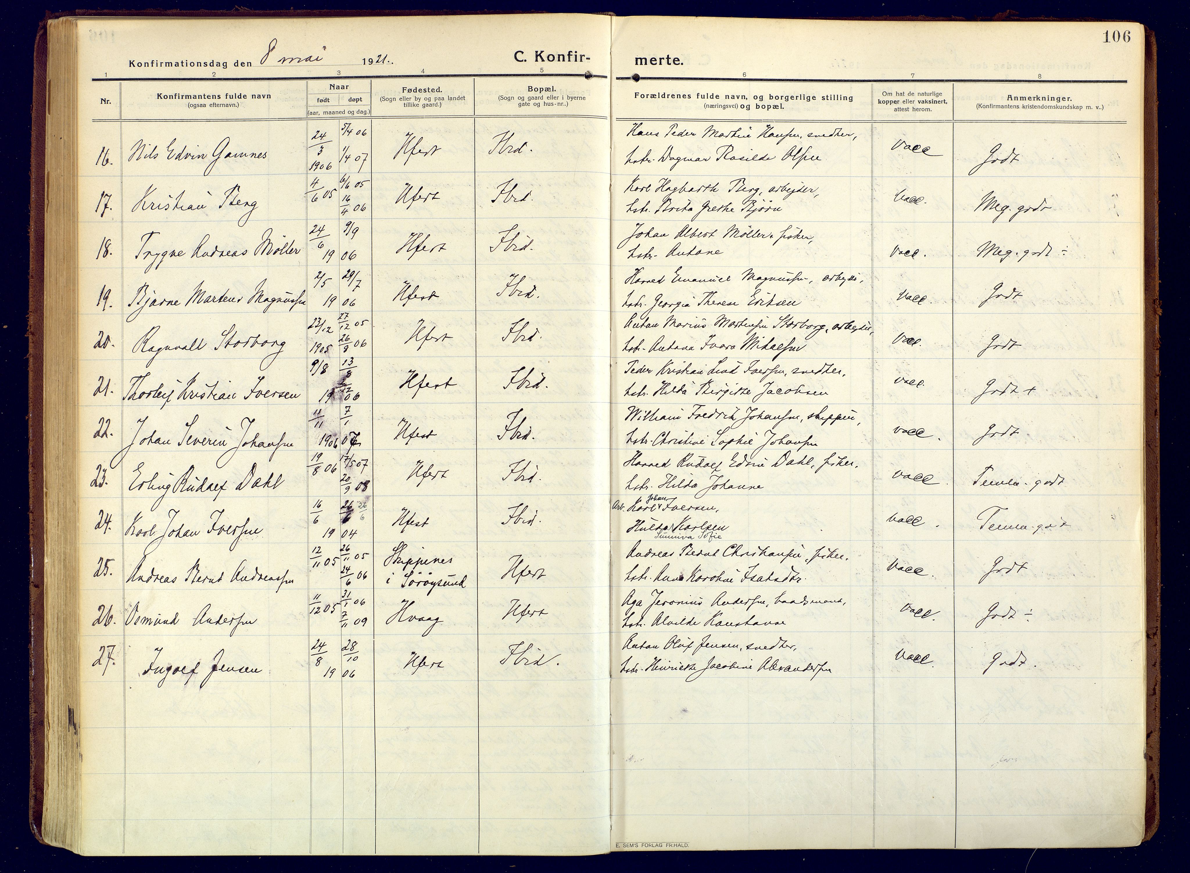Hammerfest sokneprestkontor, SATØ/S-1347/H/Ha/L0015.kirke: Parish register (official) no. 15, 1916-1923, p. 106