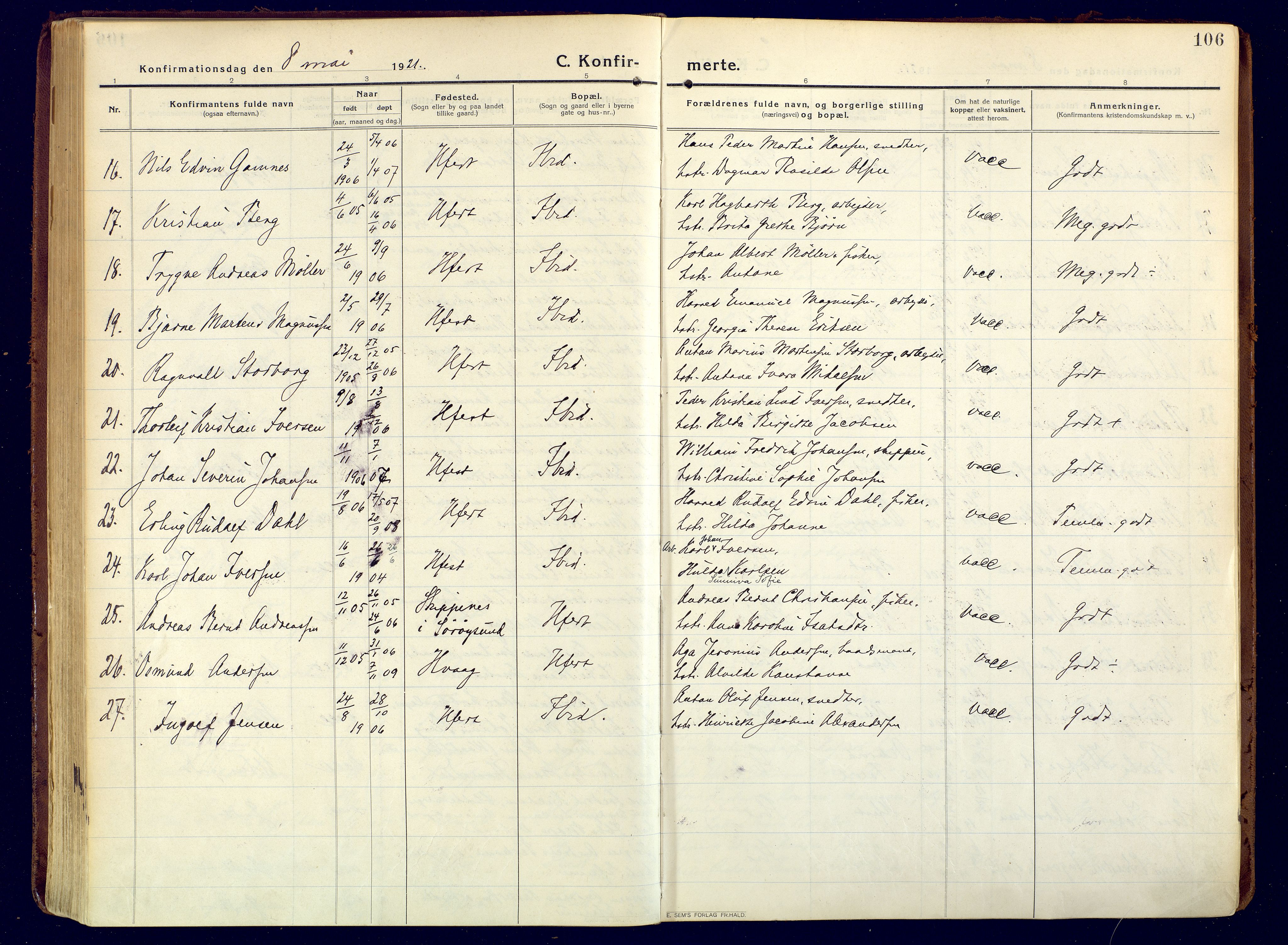 Hammerfest sokneprestkontor, AV/SATØ-S-1347/H/Ha/L0015.kirke: Parish register (official) no. 15, 1916-1923, p. 106