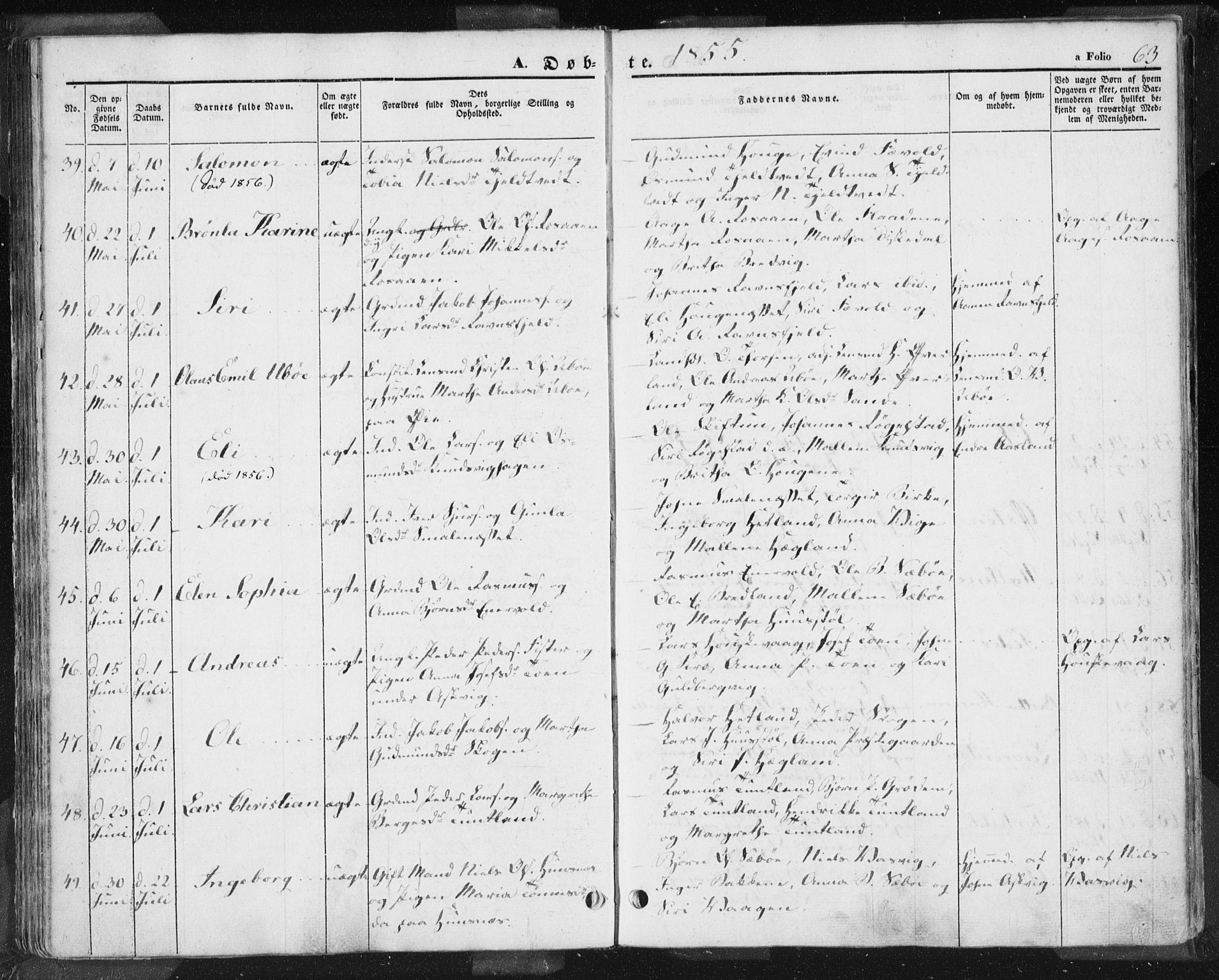 Hjelmeland sokneprestkontor, AV/SAST-A-101843/01/IV/L0009: Parish register (official) no. A 9, 1846-1860, p. 63