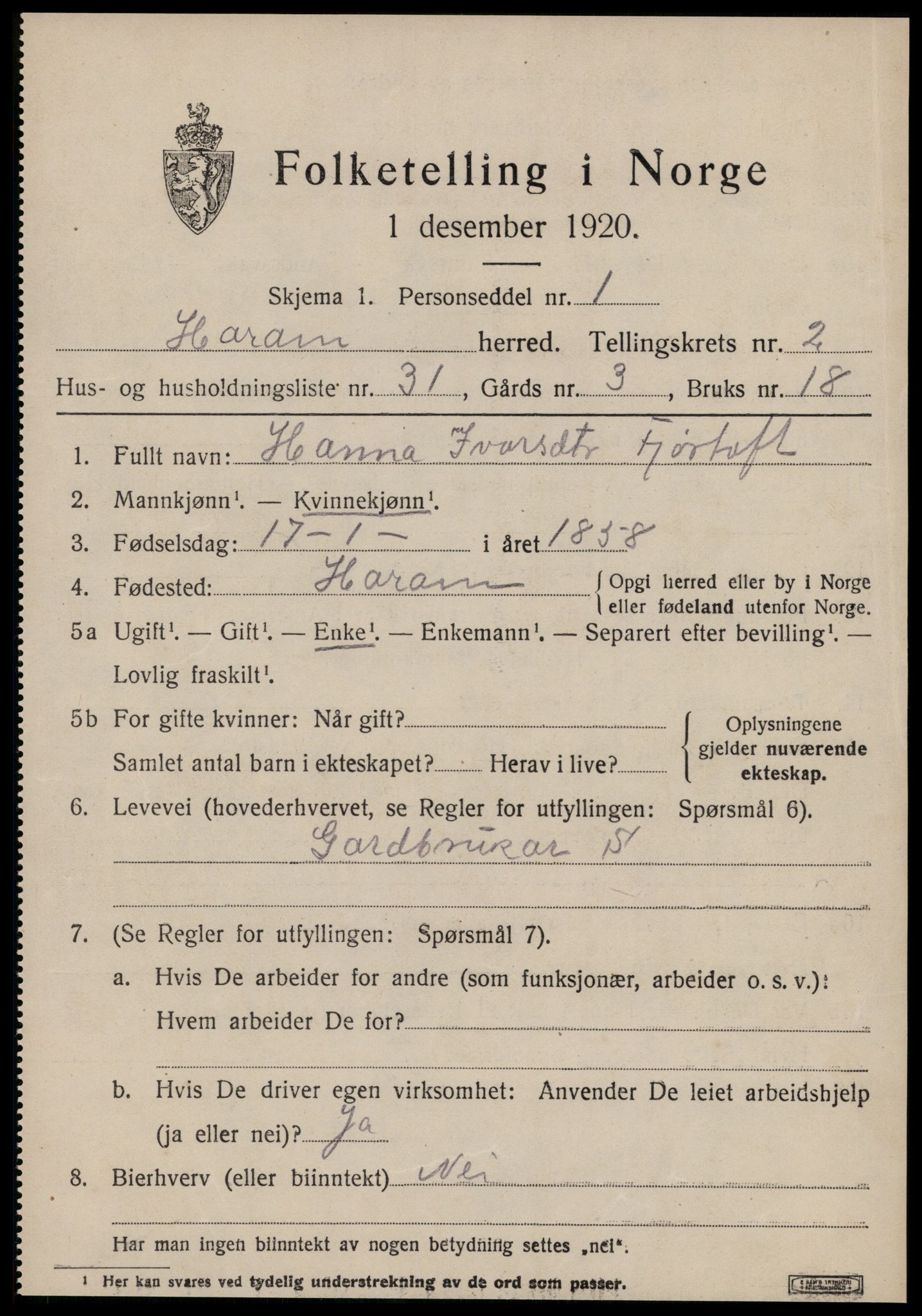 SAT, 1920 census for Haram, 1920, p. 1831