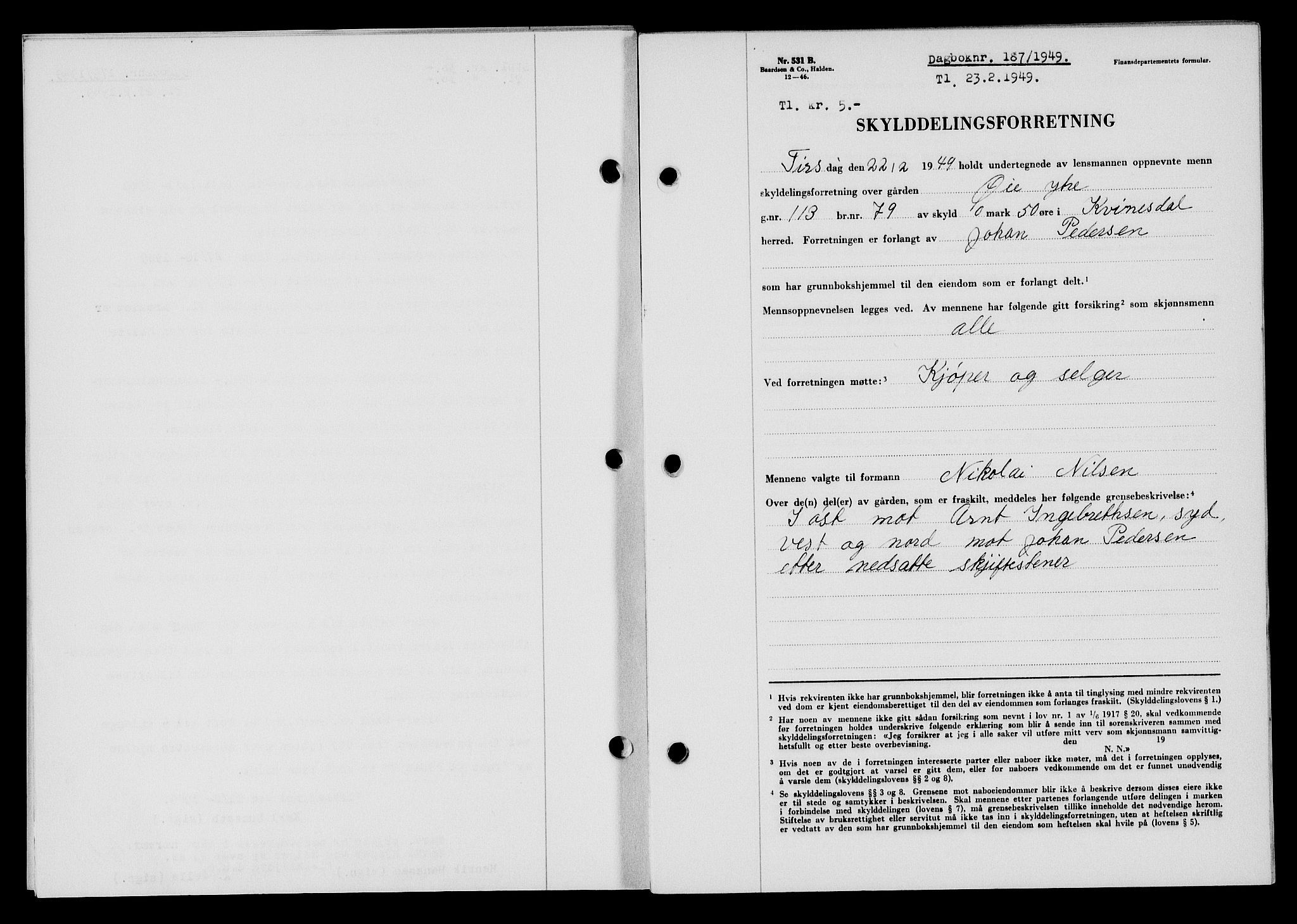 Flekkefjord sorenskriveri, SAK/1221-0001/G/Gb/Gba/L0064: Mortgage book no. A-12, 1948-1949, Diary no: : 187/1949